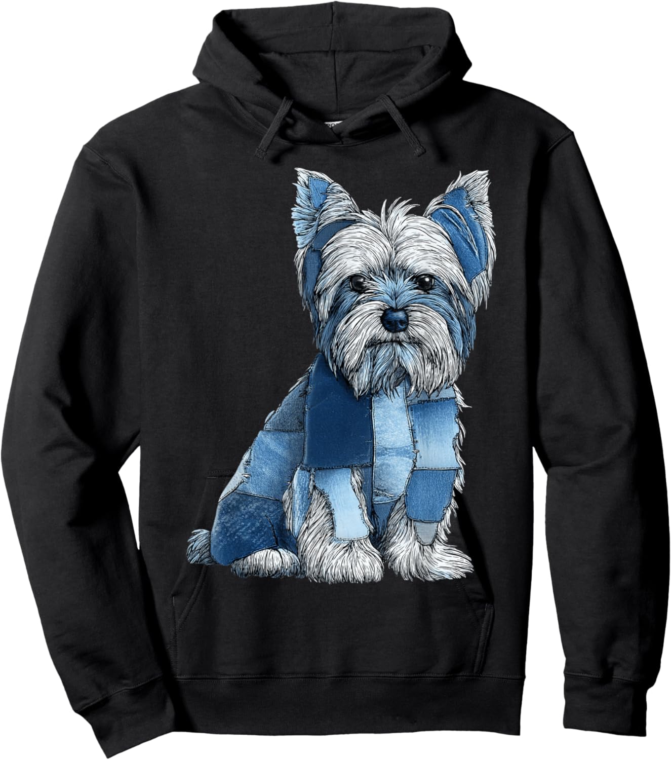 Funny Yorkshire Terrier Blue Denim Patchwork Graphic Animal Hoodie - Hoodie | Black
