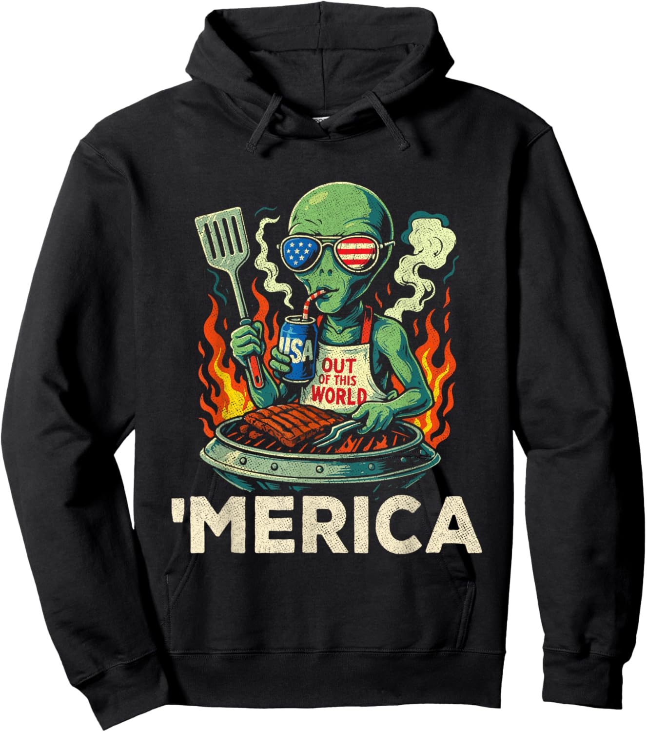 4th of July American Alien Grill - Merica USA - Funny Alien Hoodie - Hoodie | Black