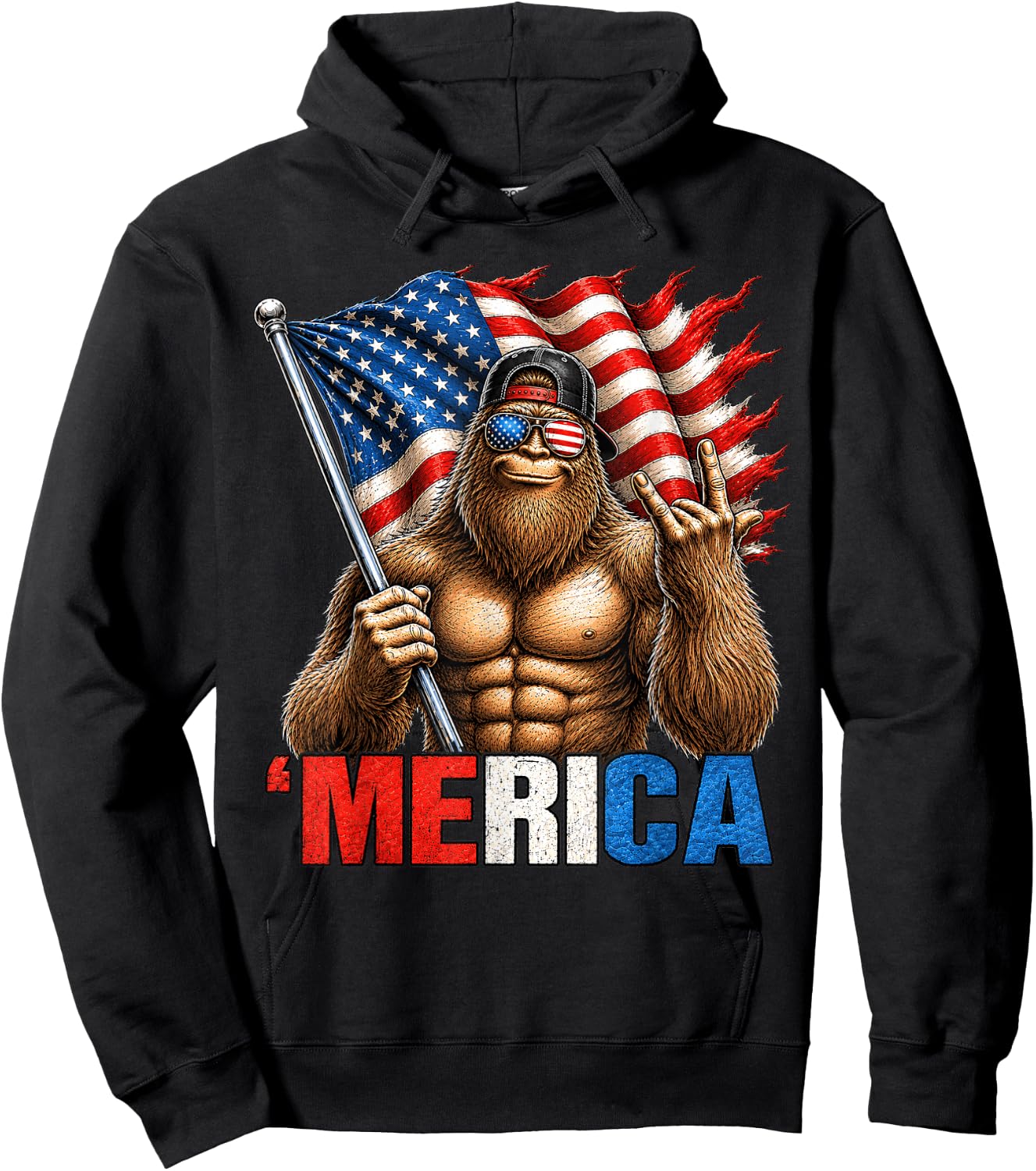 Big Foot Merica US American Flag Patriotic 4th of July Hoodie - Hoodie | Black