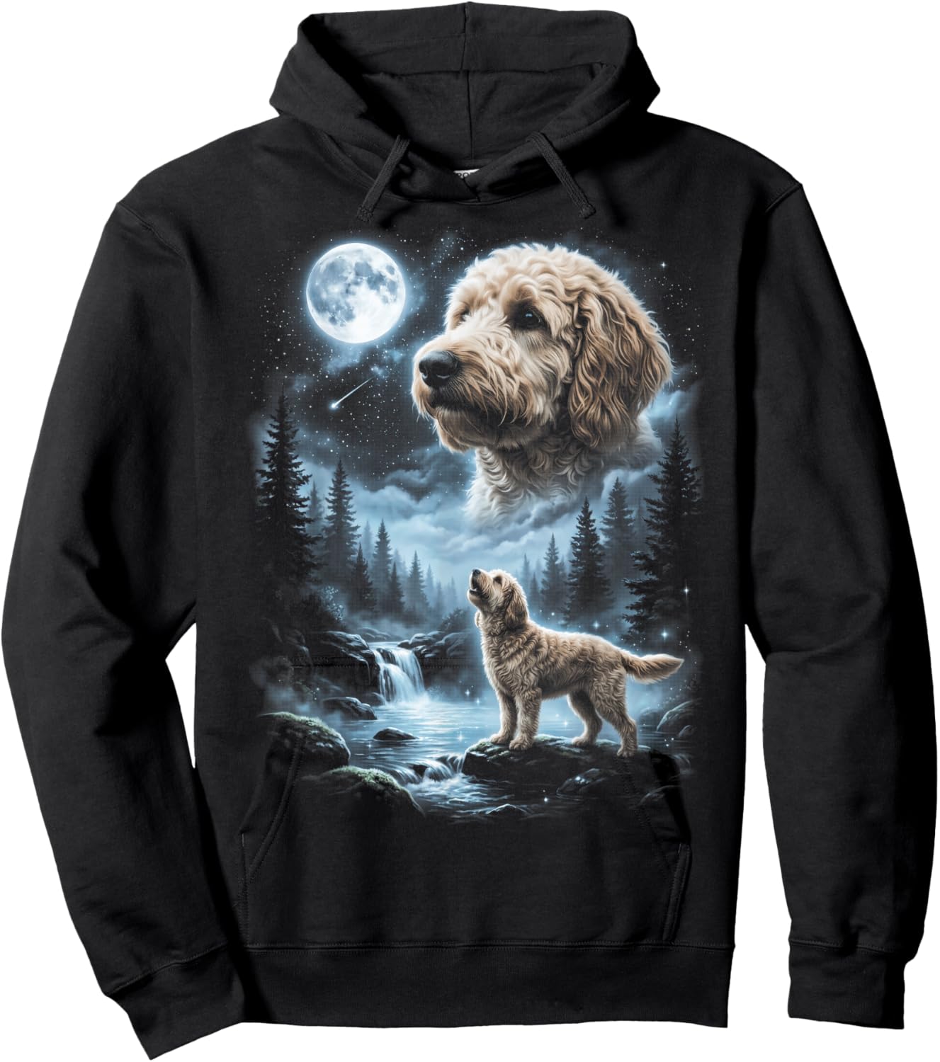 Goldendoodle Howling to the Moon Retro 90's Dog Hoodie - Hoodie | Black