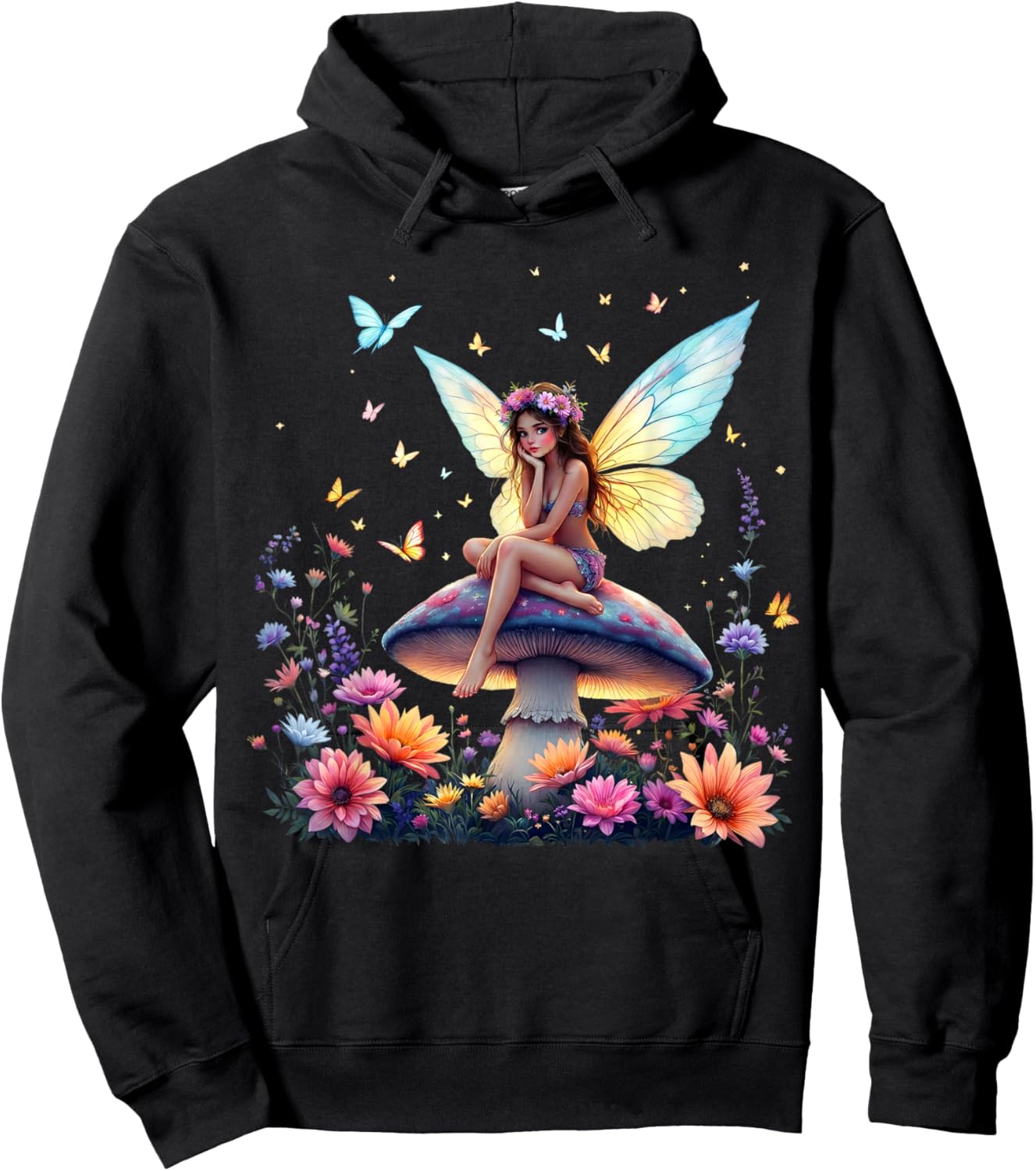 Whimsical Fairy Mushroom Floral Butterfly Fantasy Hoodie - Hoodie | Black