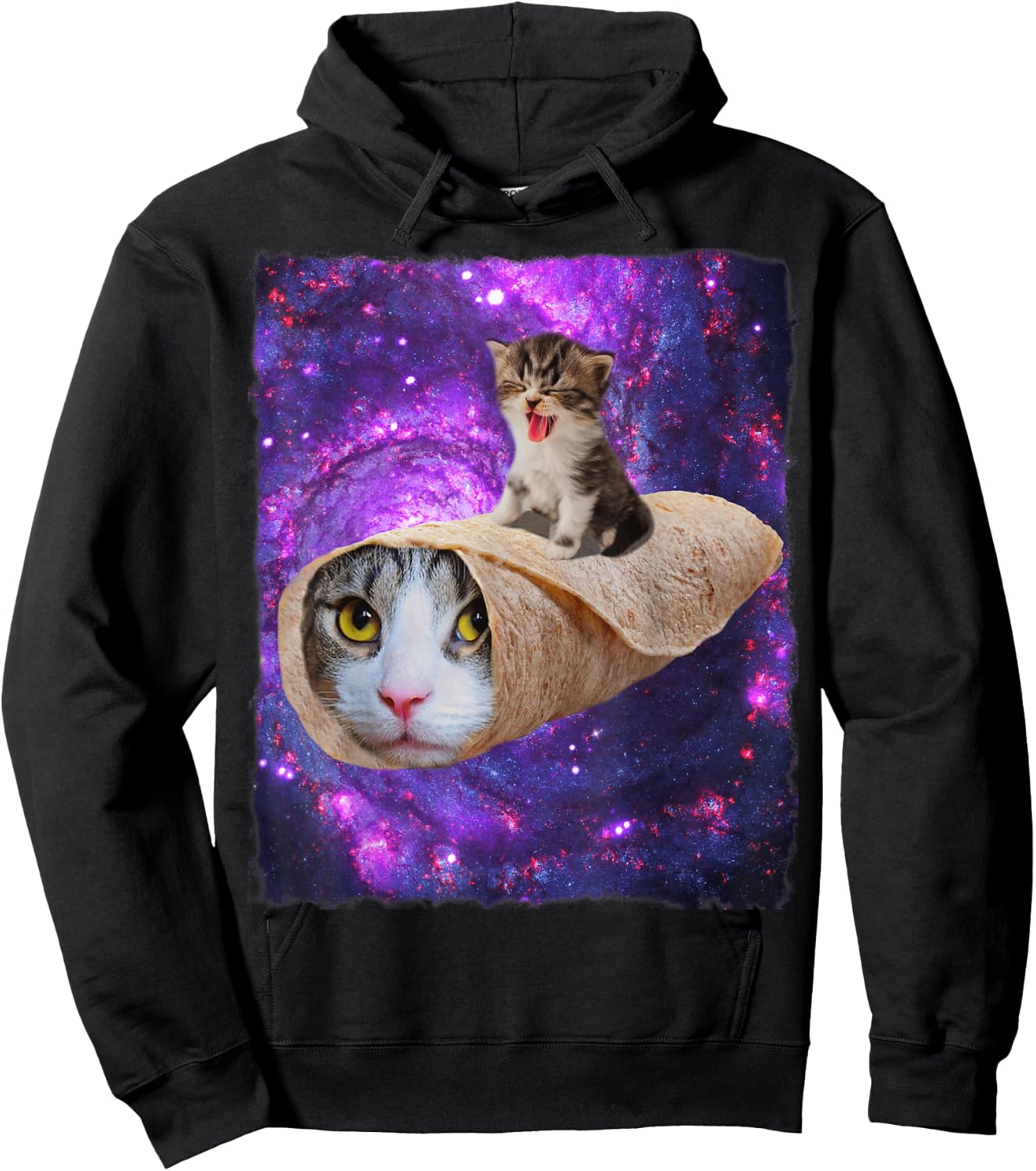 Cute Space Cat Kitty Riding A Burrito Cat In Outer Space Hoodie - Hoodie | Black