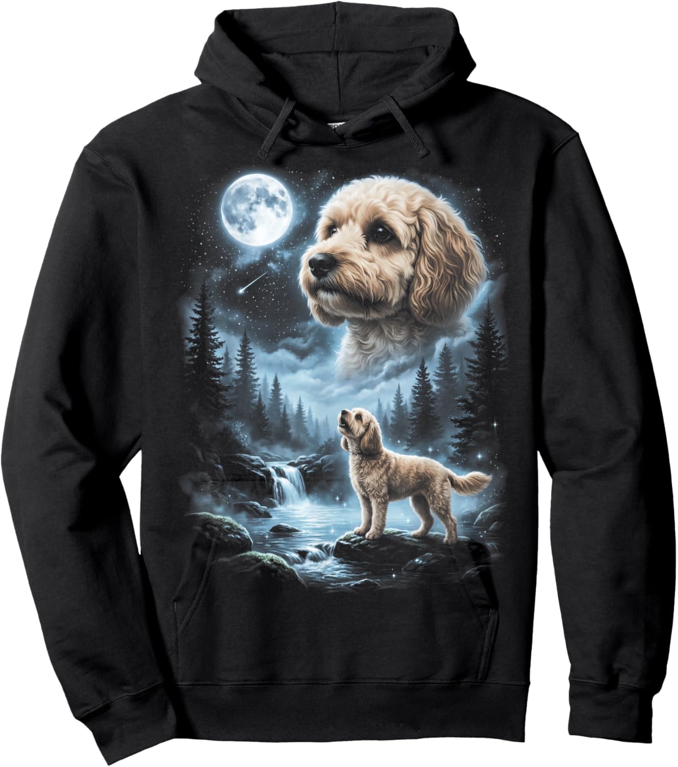 Cavapoo Howling to the Moon Retro 90's Doodle Dog Hoodie - Hoodie | Black