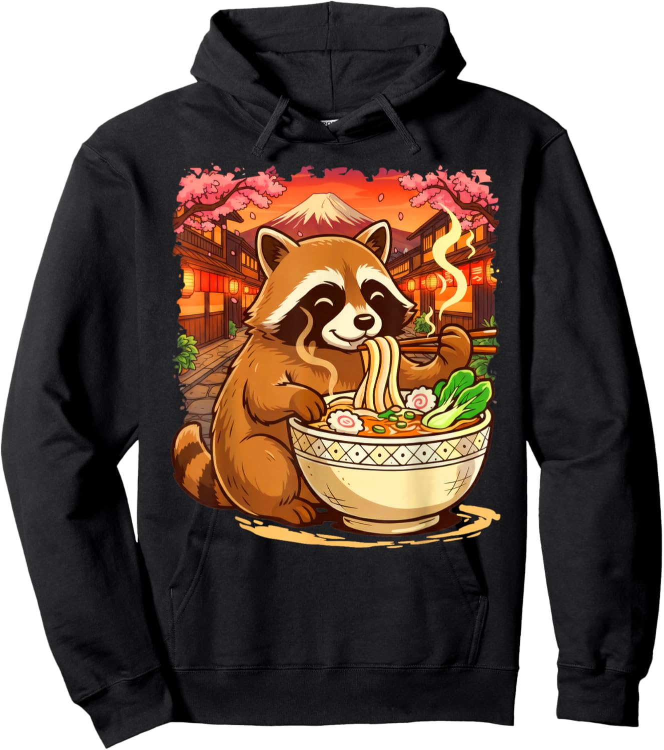 Funny Racoon Eating Ramen Japanese Kawaii Feral Anime Lovers Hoodie - Hoodie | Black