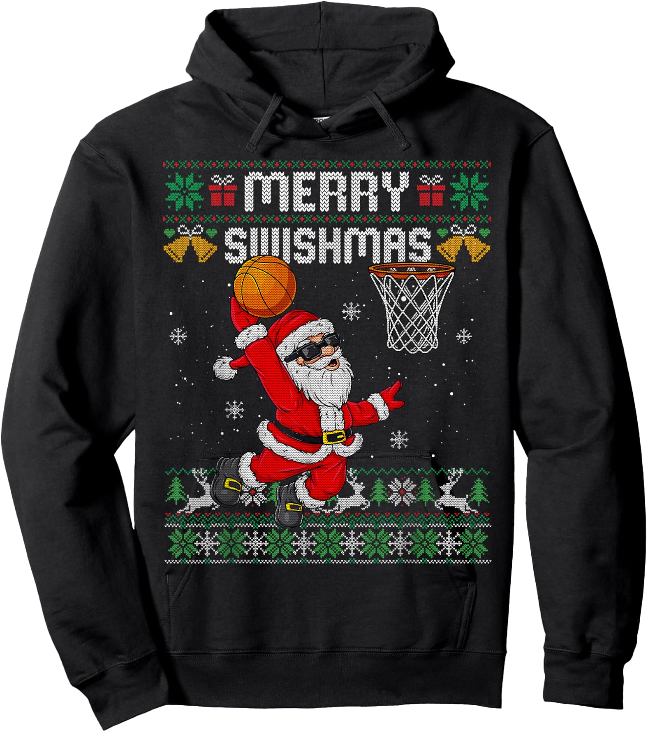 Merry Swishmas Ugly Christmas Sweater Funny Basketball Santa Hoodie - Hoodie | Black