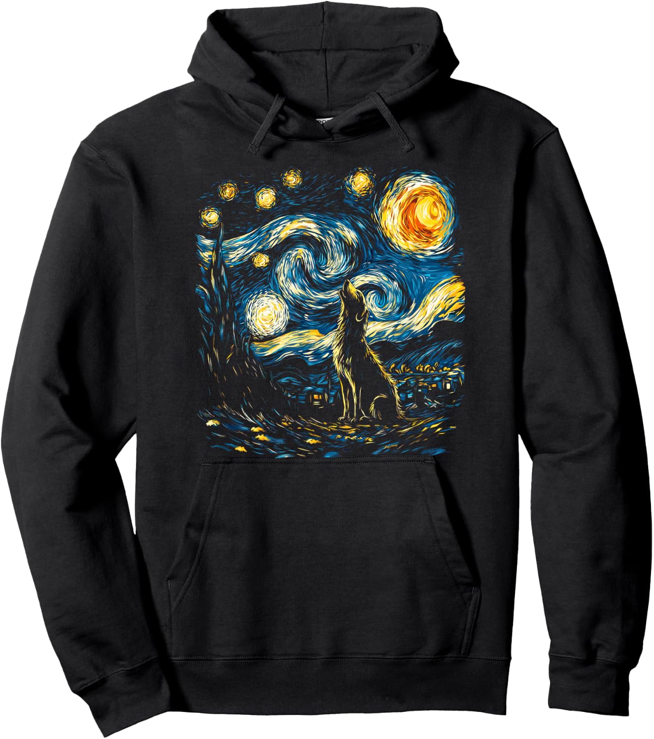 Wolf Starry Night Howling Moon Funny Van Gogh Graphic Hoodie - Hoodie | Black