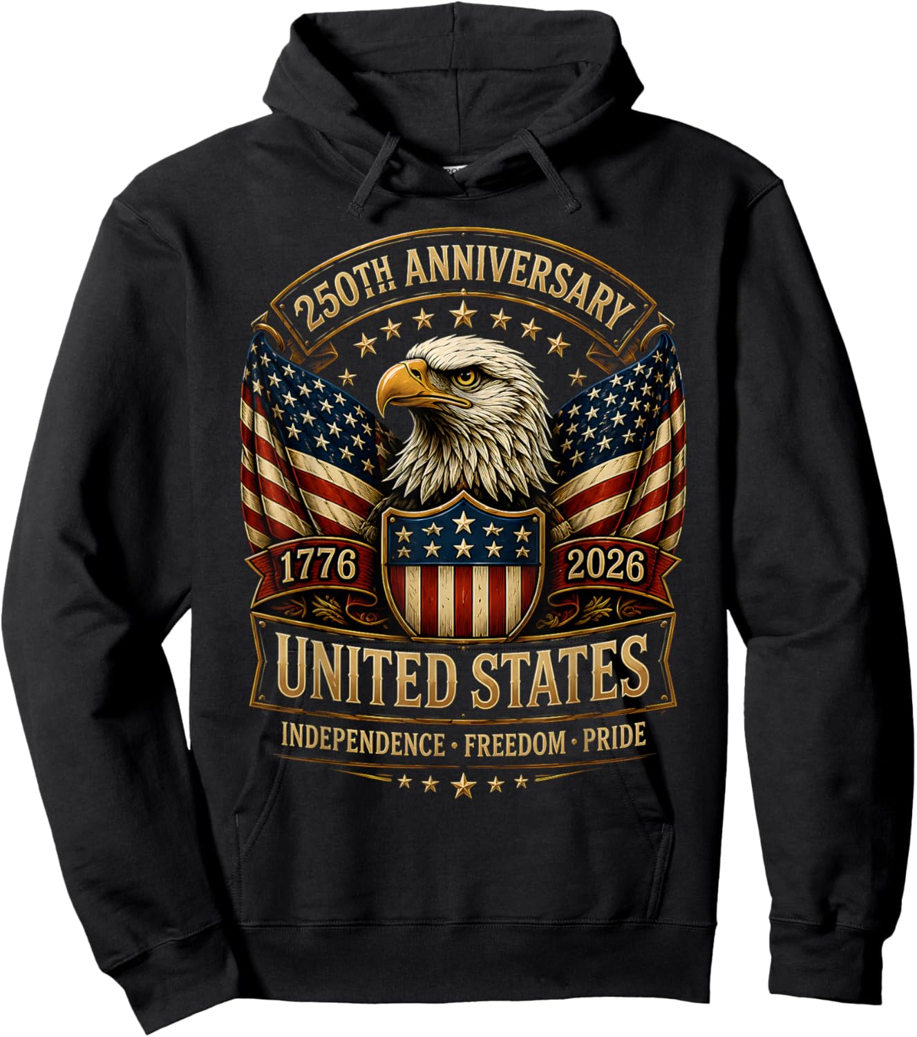 USA Independence 250th Anniversary 1776 2026 Patriotic Eagle Hoodie - Hoodie | Black