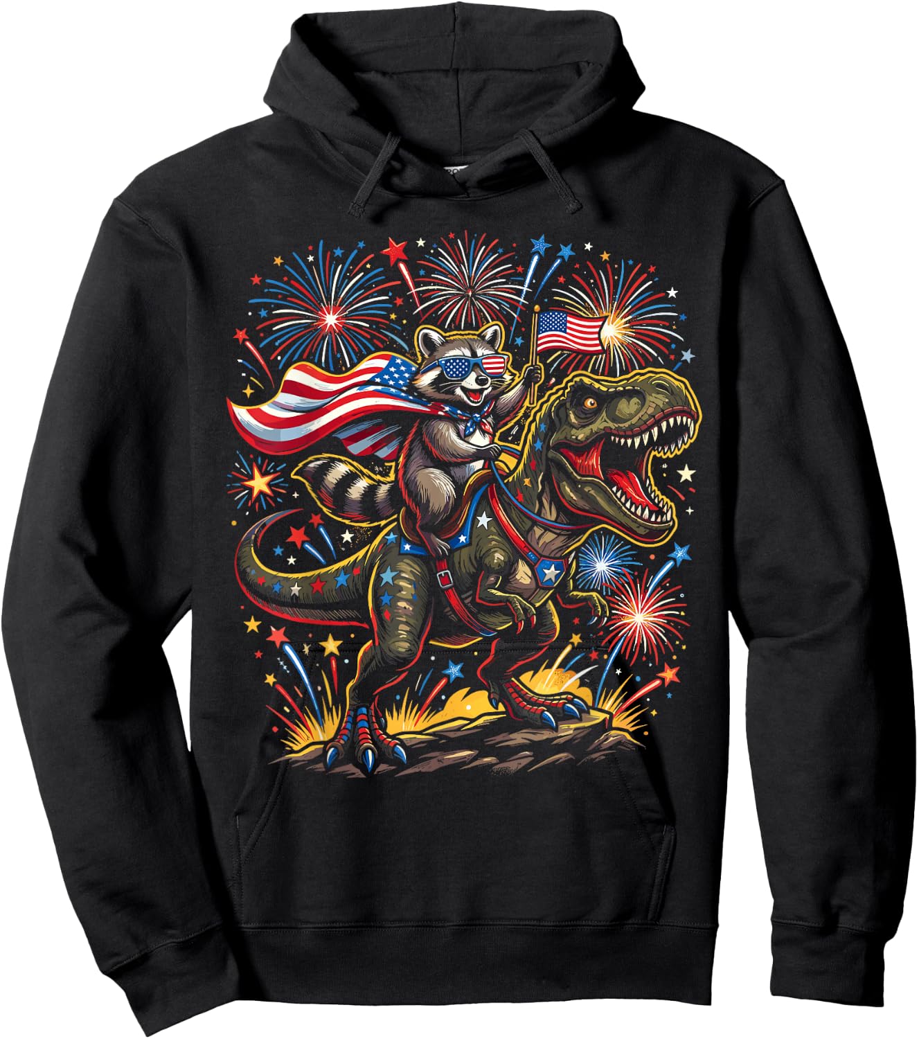 Funny 4th of July Shirts, Patriotic Raccoon Dinosaur Hoodie - Hoodie | Black