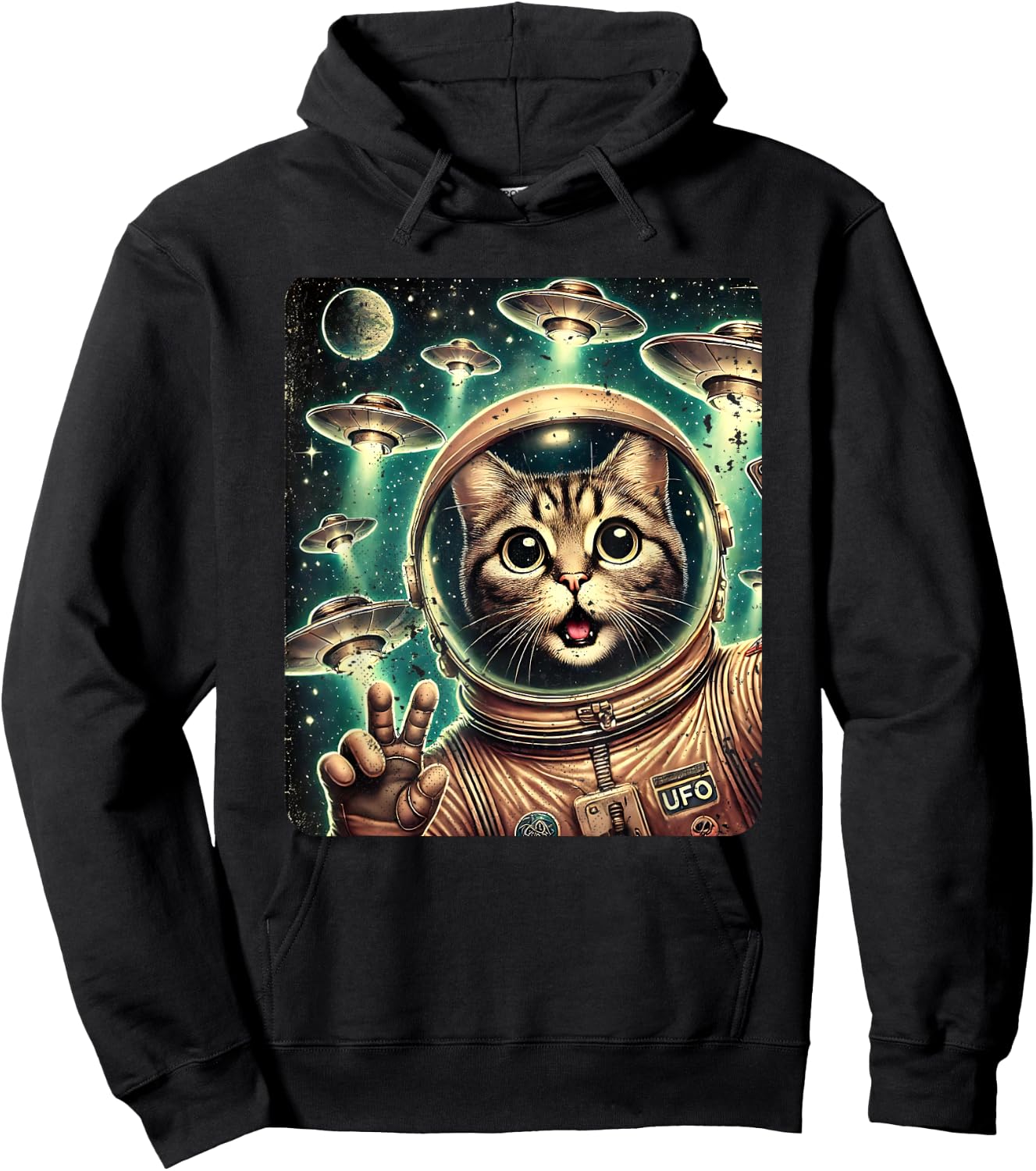 Space Cat Astronaut UFO Funny Sci-fi Alien Selfie Hoodie - Hoodie | Black