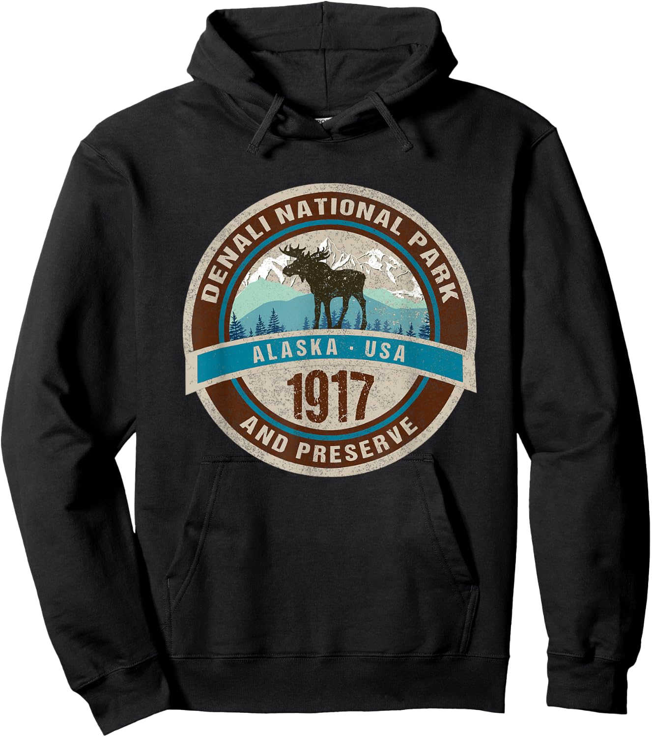 Denali National Park Alaska Vintage Moose Mountains Novelty Hoodie - Hoodie | Black