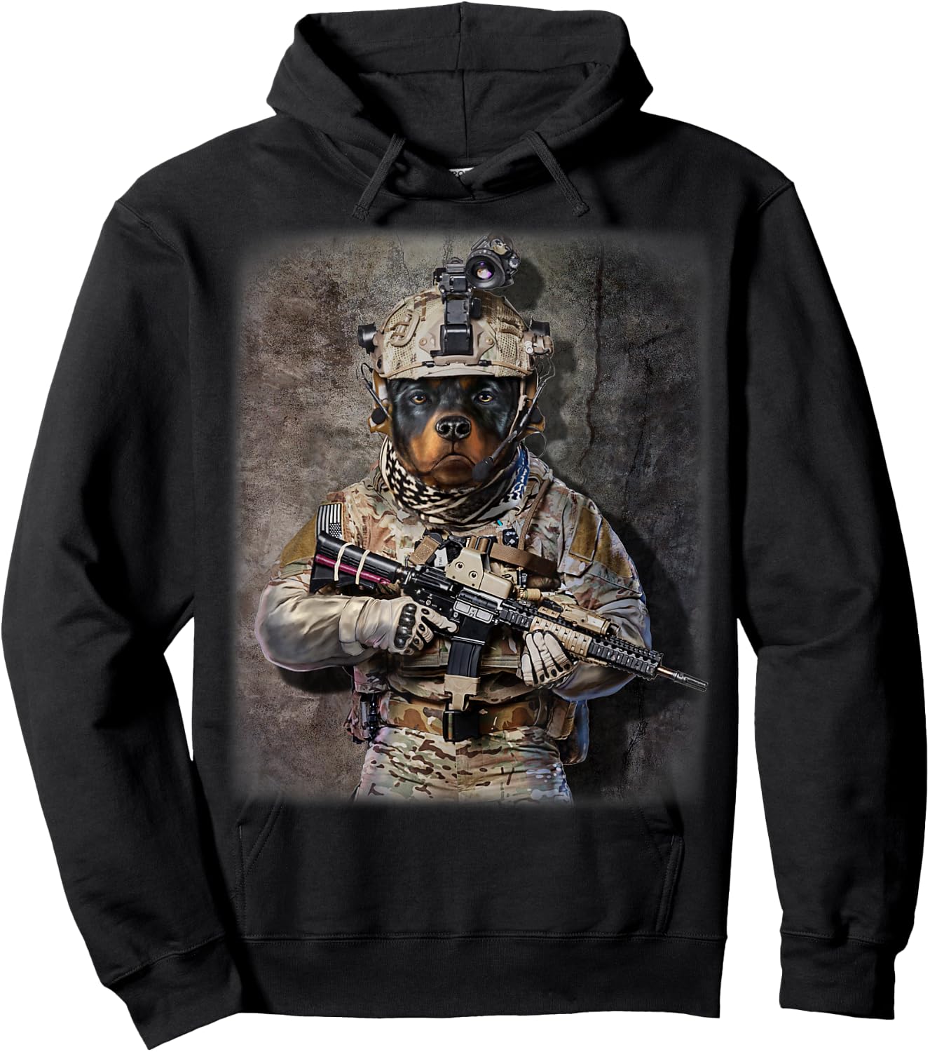 Rottweiler Dog as Army Commando in Full Tactical Hoodie - Hoodie | Black