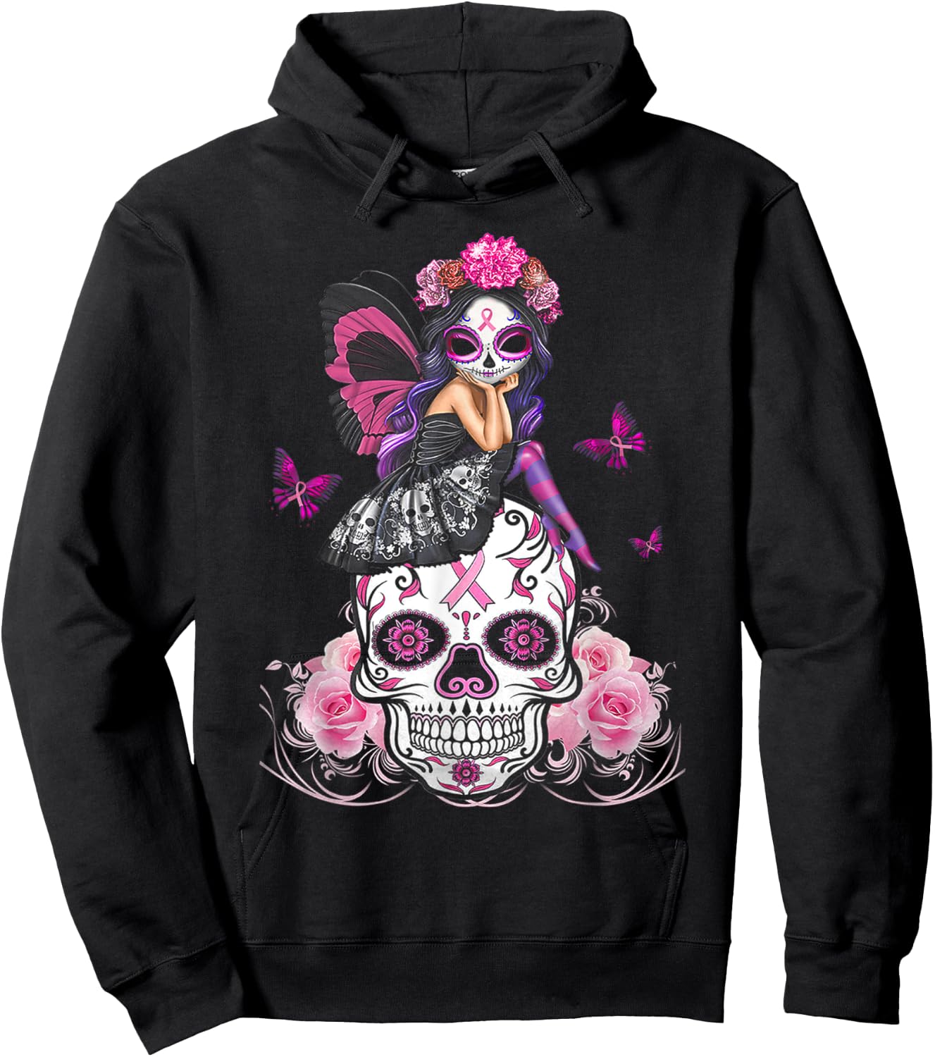 Cute Fairy Sugar Skull Breast Cancer Butterfly Pink Ribbon Hoodie - Hoodie | Black