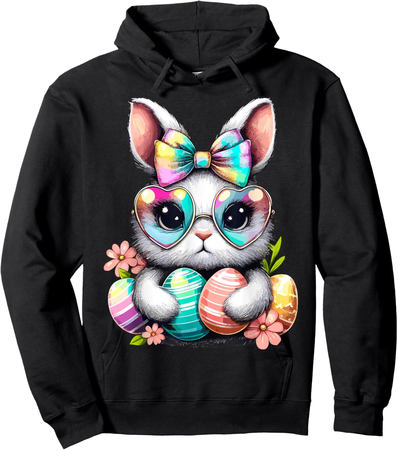Easter Day Cute Rabbit Face Tie Dye Eggs Girls Bunny Hoodie - Hoodie | Black
