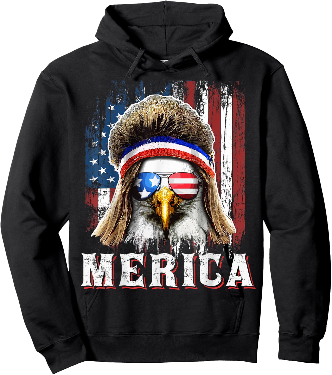 Merica Eagle Mullet 4th of July American Flag Stars Stripes Hoodie - Hoodie | Black