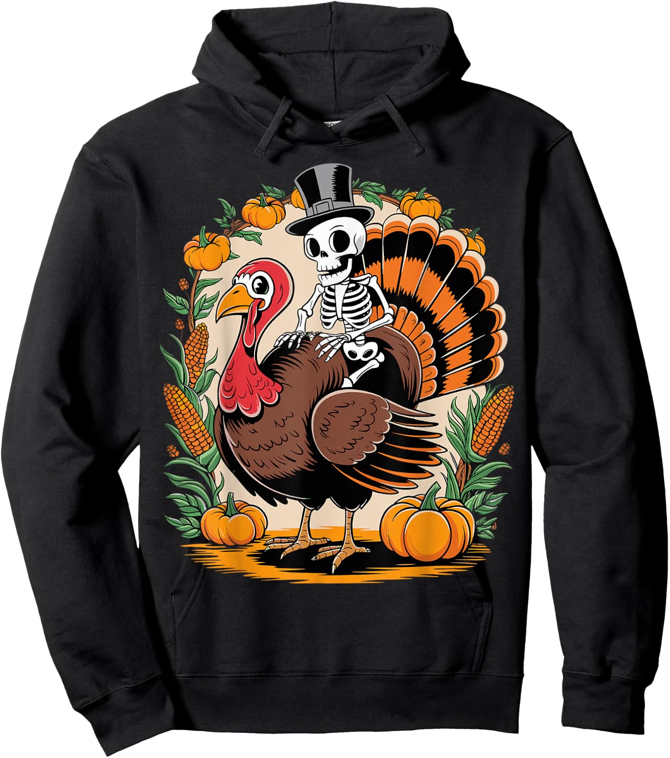 Skeleton Riding Turkey Thanksgiving Day Funny Fall Autumn Hoodie - Hoodie | Black