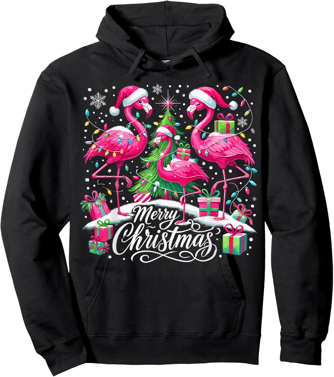 Merry Christmas Hat Santa Flamingo Christmas Hoodie - Hoodie | Black