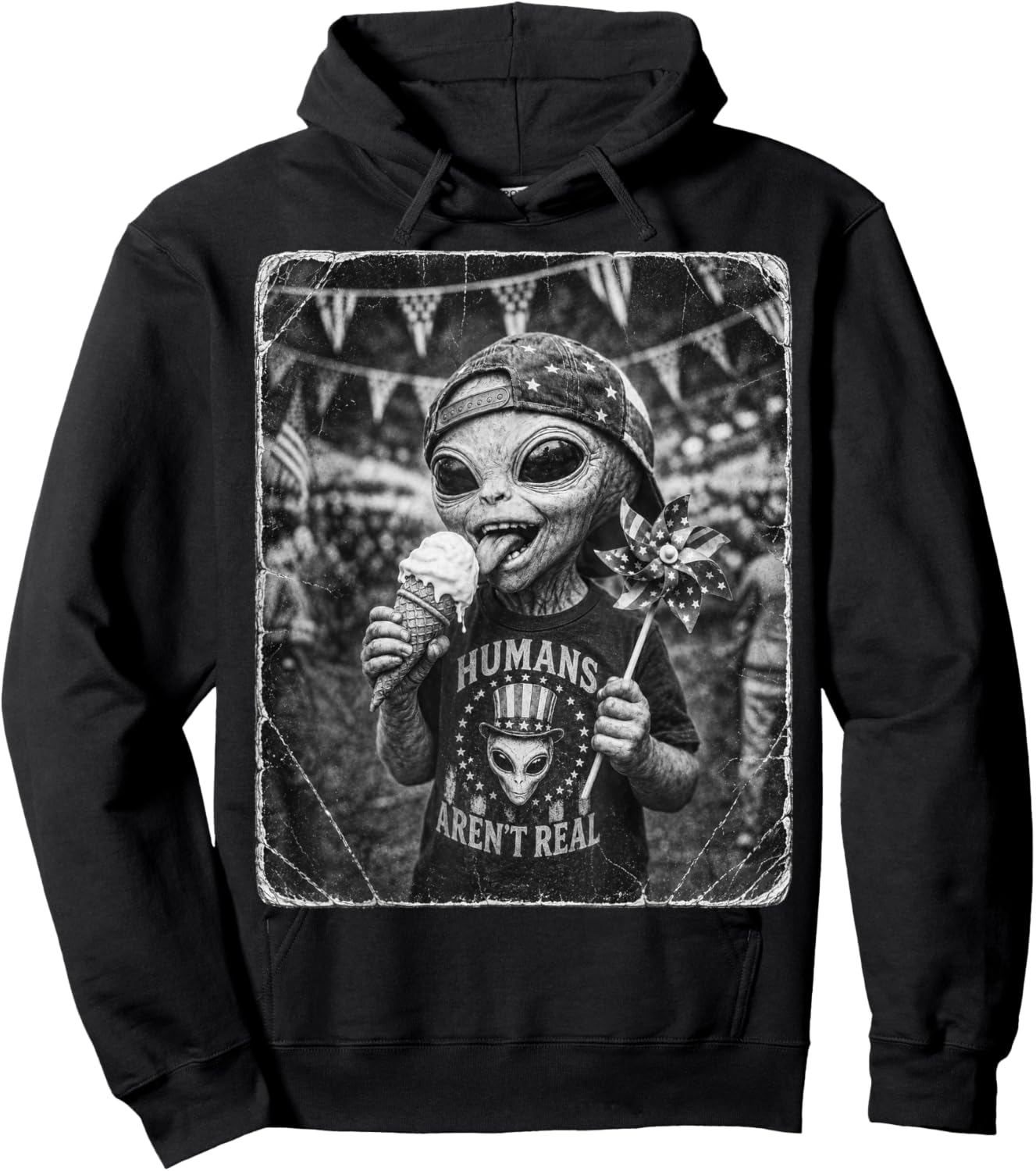 Retro Funny Alien Patriotic UFO American USA Flag 4th July Hoodie - Hoodie | Black