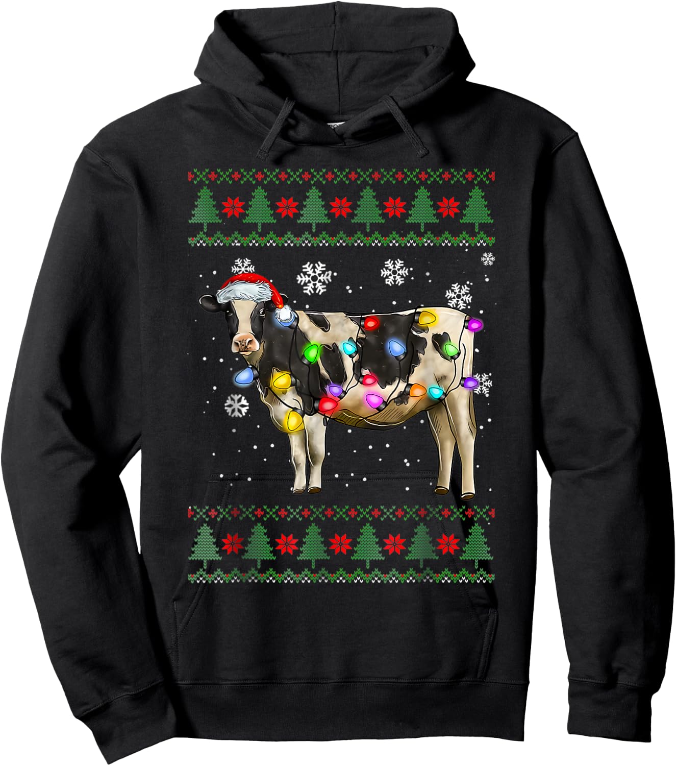Ugly Cow Christmas Sweater Santa Hat and Light Up Xmas Hoodie - Hoodie | Black