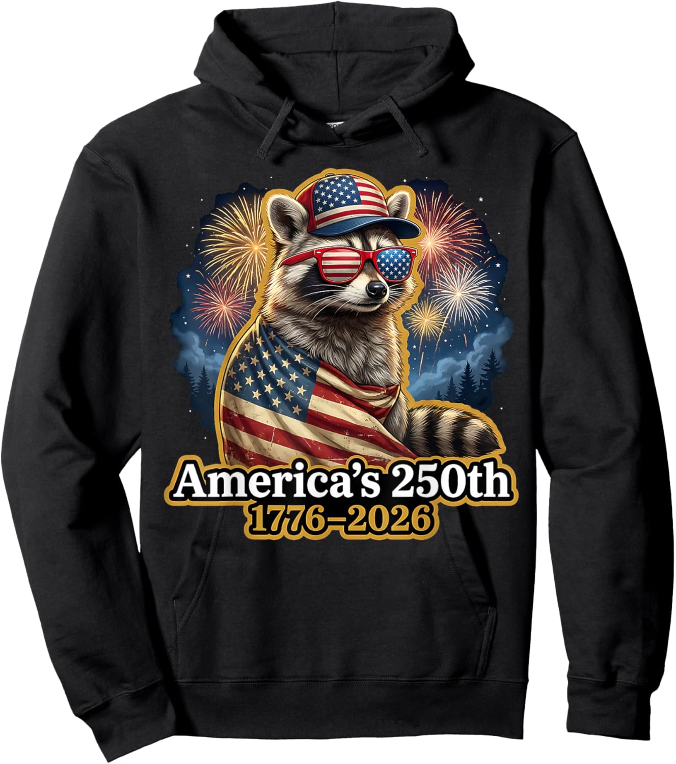 Raccoon 250th Anniversary 4th of July Patriotic USA Flag Hoodie - Hoodie | Black