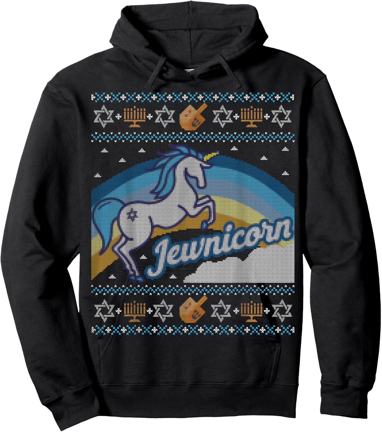 Funny Ugly Hanukkah Sweater Shirt Unicorn Jewnicorn Hoodie - Hoodie | Black