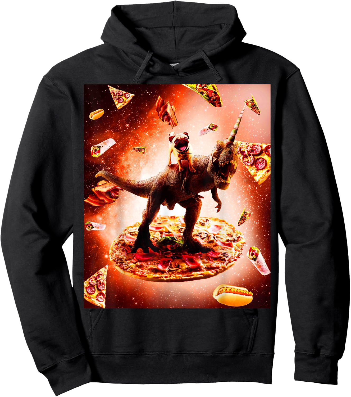 Outer Space Pug Riding Dinosaur Unicorn - Pizza Hoodie - Hoodie | Black