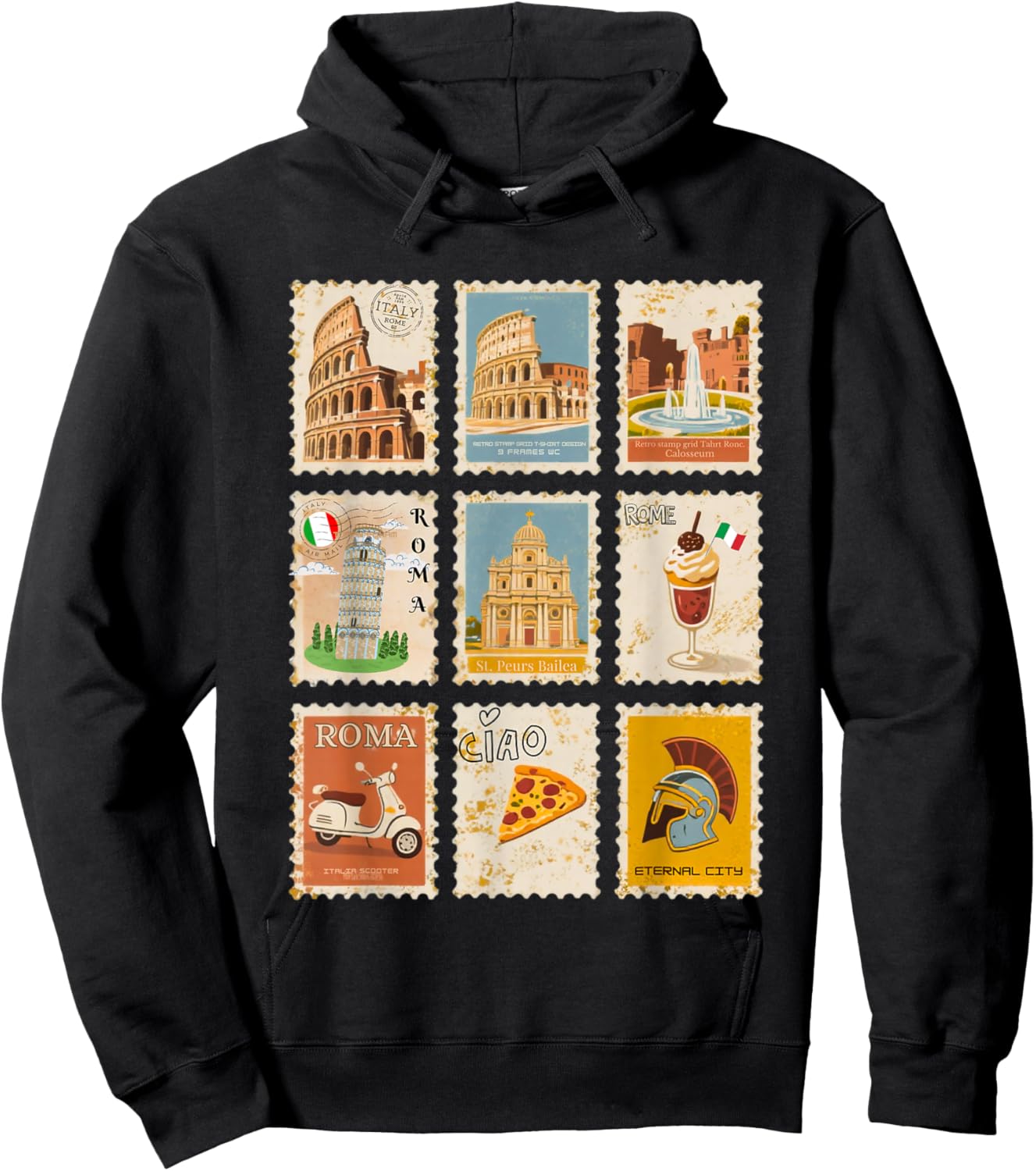 Italian Heritage Rome Landmarks Retro Vintage Stamps Hoodie - Hoodie | Black