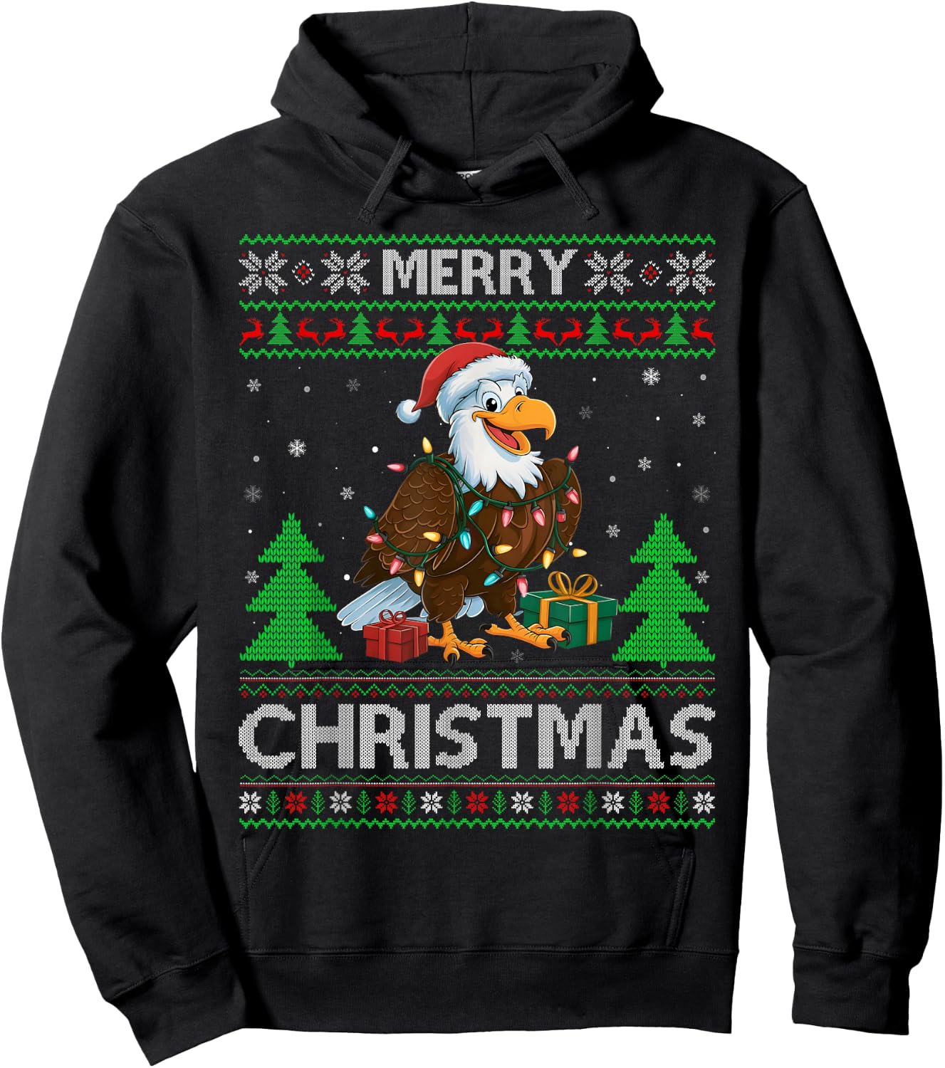 Ugly Xmas Sweater Style Lights Santa Eagle Christmas Hoodie - Hoodie | Black