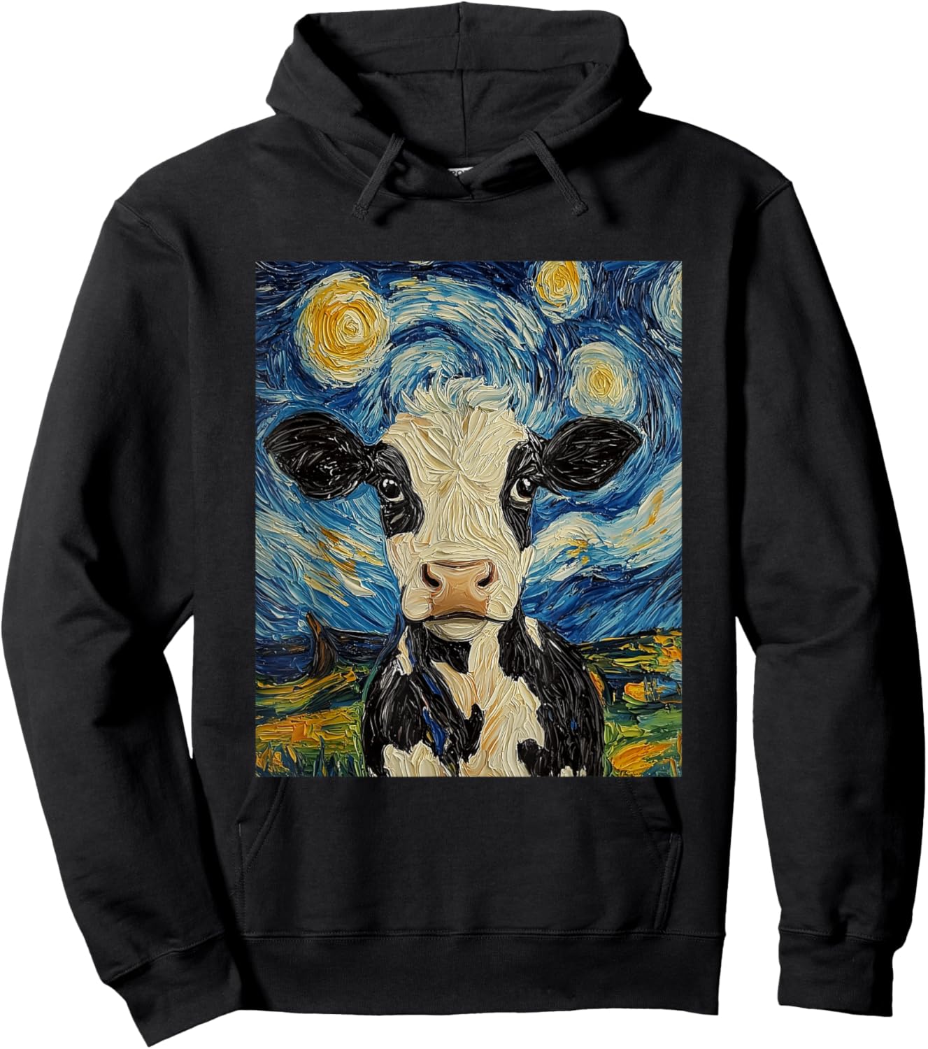 Cow Van Gogh Style Starry Night Funny Graphic Hoodie - Hoodie | Black