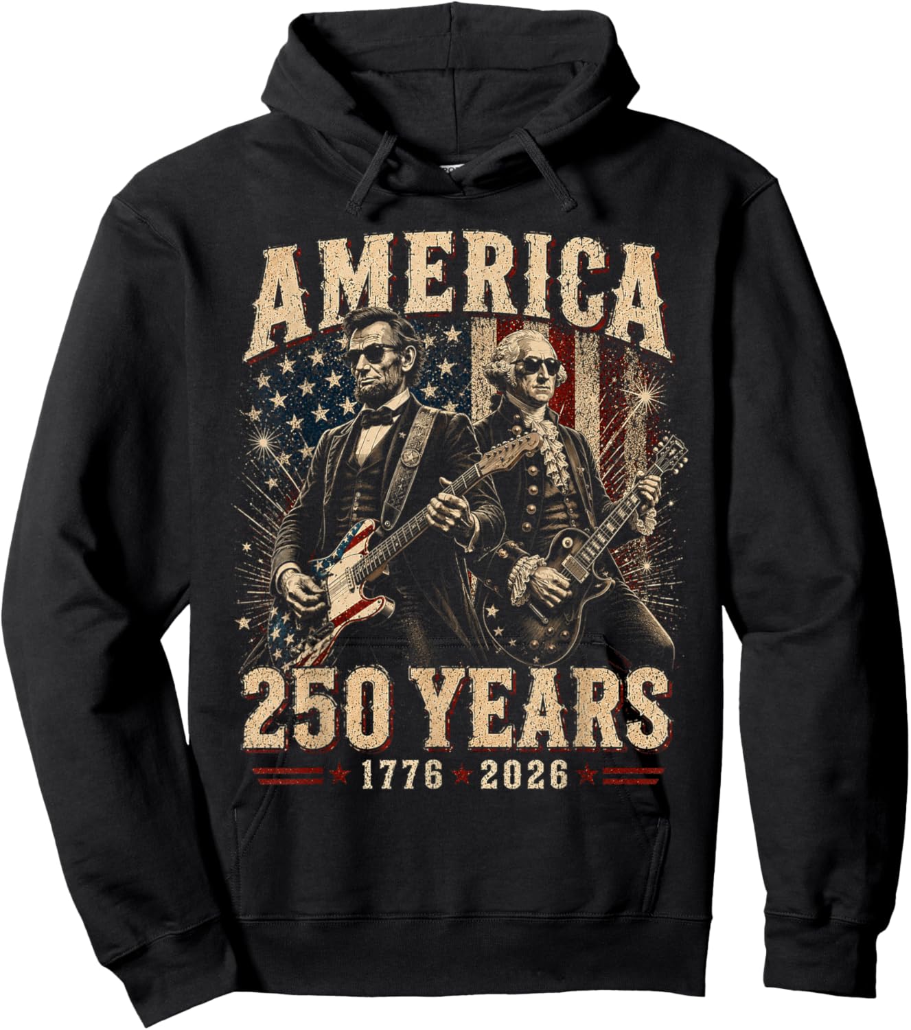 George Washington Abe Lincoln Playing Guitar 250th America Hoodie - Hoodie | Black