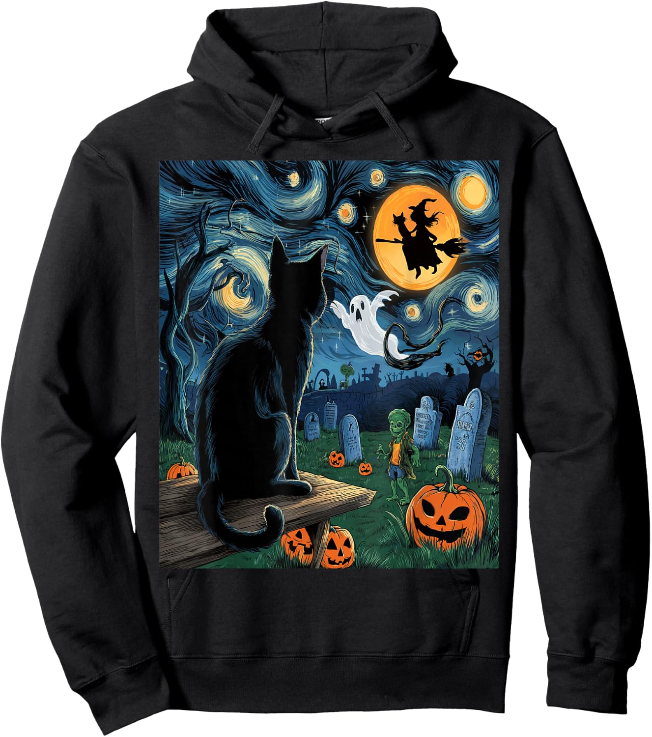 Halloween Van Gogh Starry Night Black Cat Pumpkins Witch Hoodie - Hoodie | Black