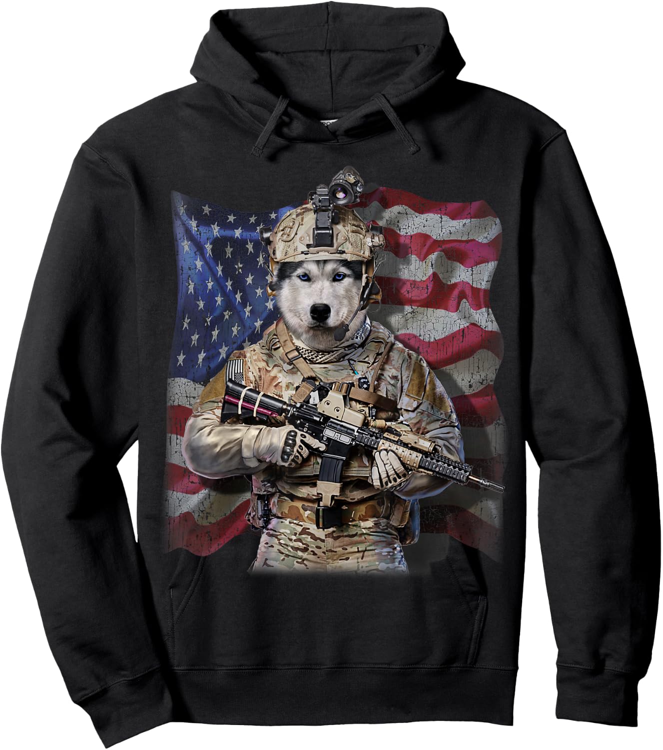 USA Patriot Siberian Husky Dog as Army Commando Hoodie - Hoodie | Black