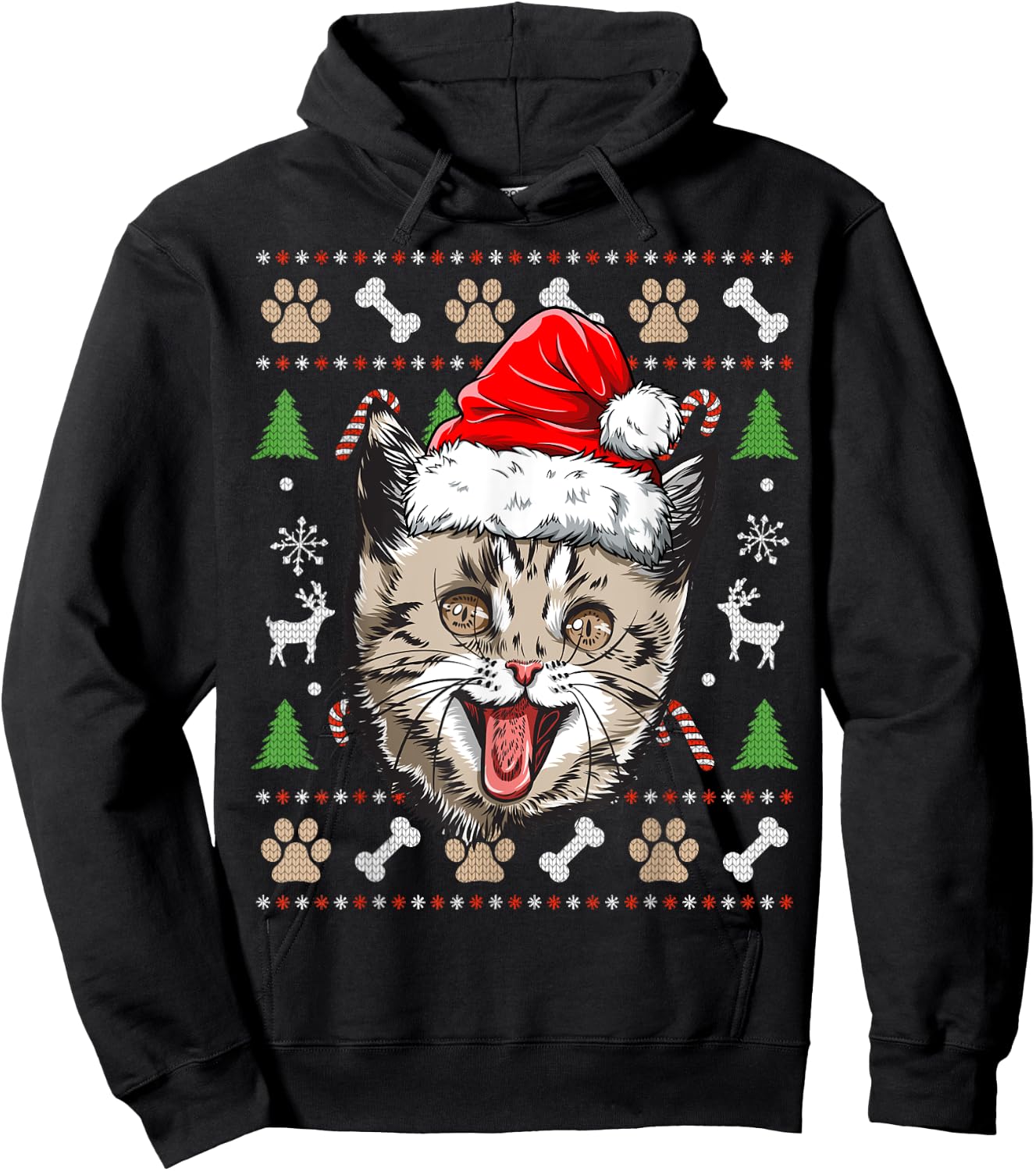 Cat Ugly Christmas Santa Hat Xmas Boys Kids Girls Catmas Hoodie - Hoodie | Black