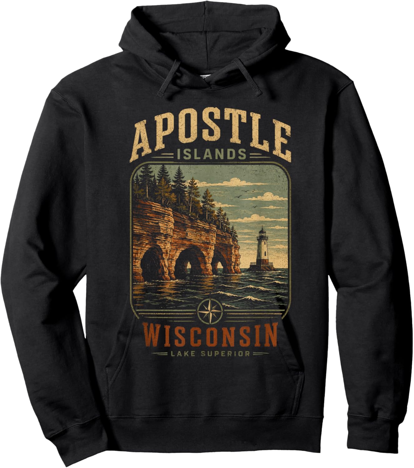 Vintage Apostle Islands Wisconsin Sea Caves Lighthouse Hoodie - Hoodie | Black