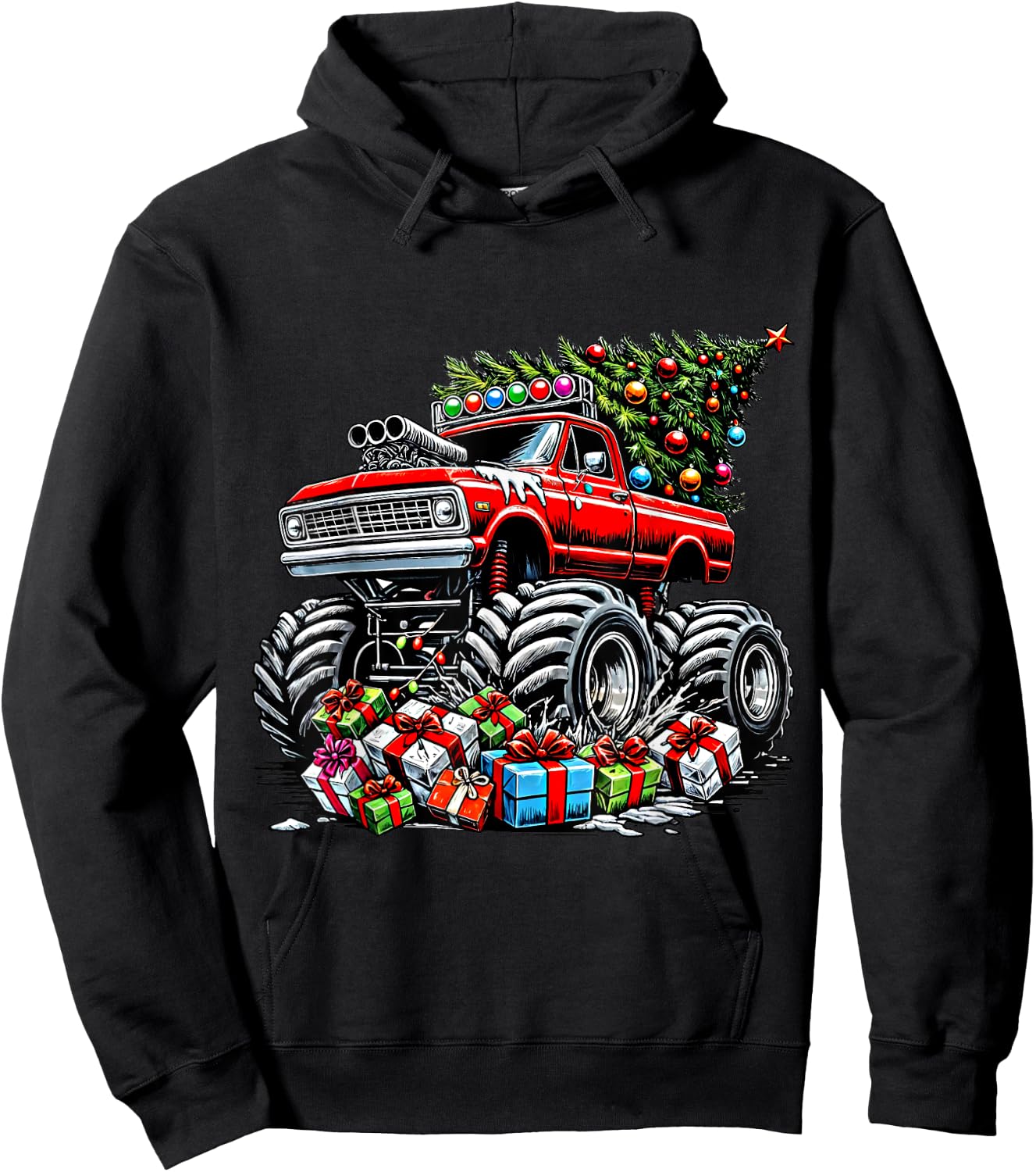 Monster Truck Crushing Christmas Tree Boys Kids Toddler Hoodie - Hoodie | Black