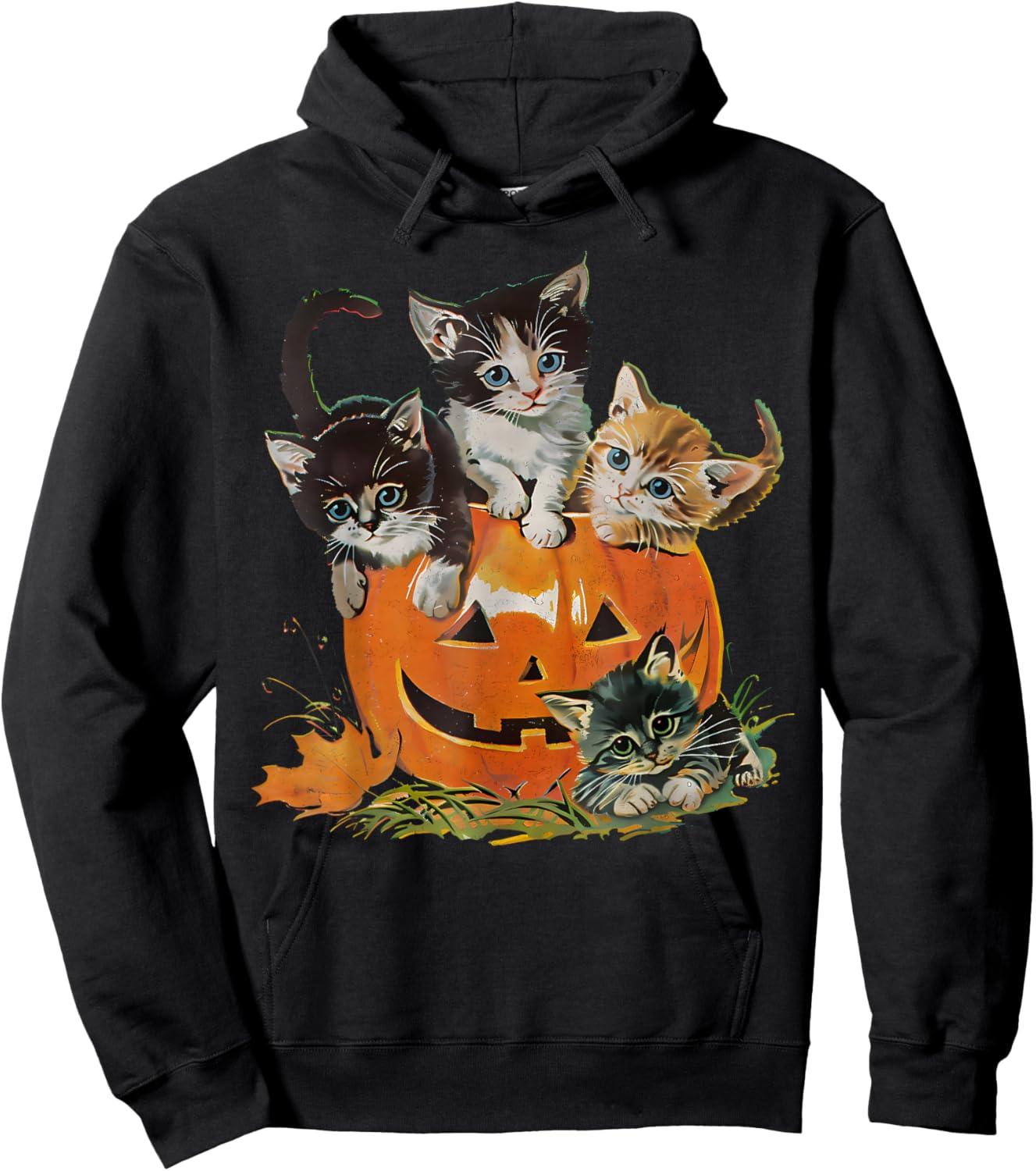 Vintage 90s Cat Pumpkin Halloween Retro Floral Spooky Season Hoodie - Hoodie | Black