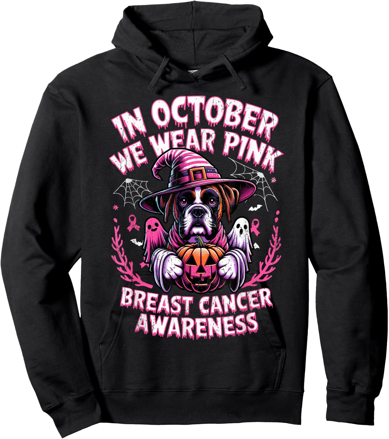 In October We Wear Pink Ghost Boxer Dog Breast Cancer Women Girls Kids Hoodie - Hoodie | Black