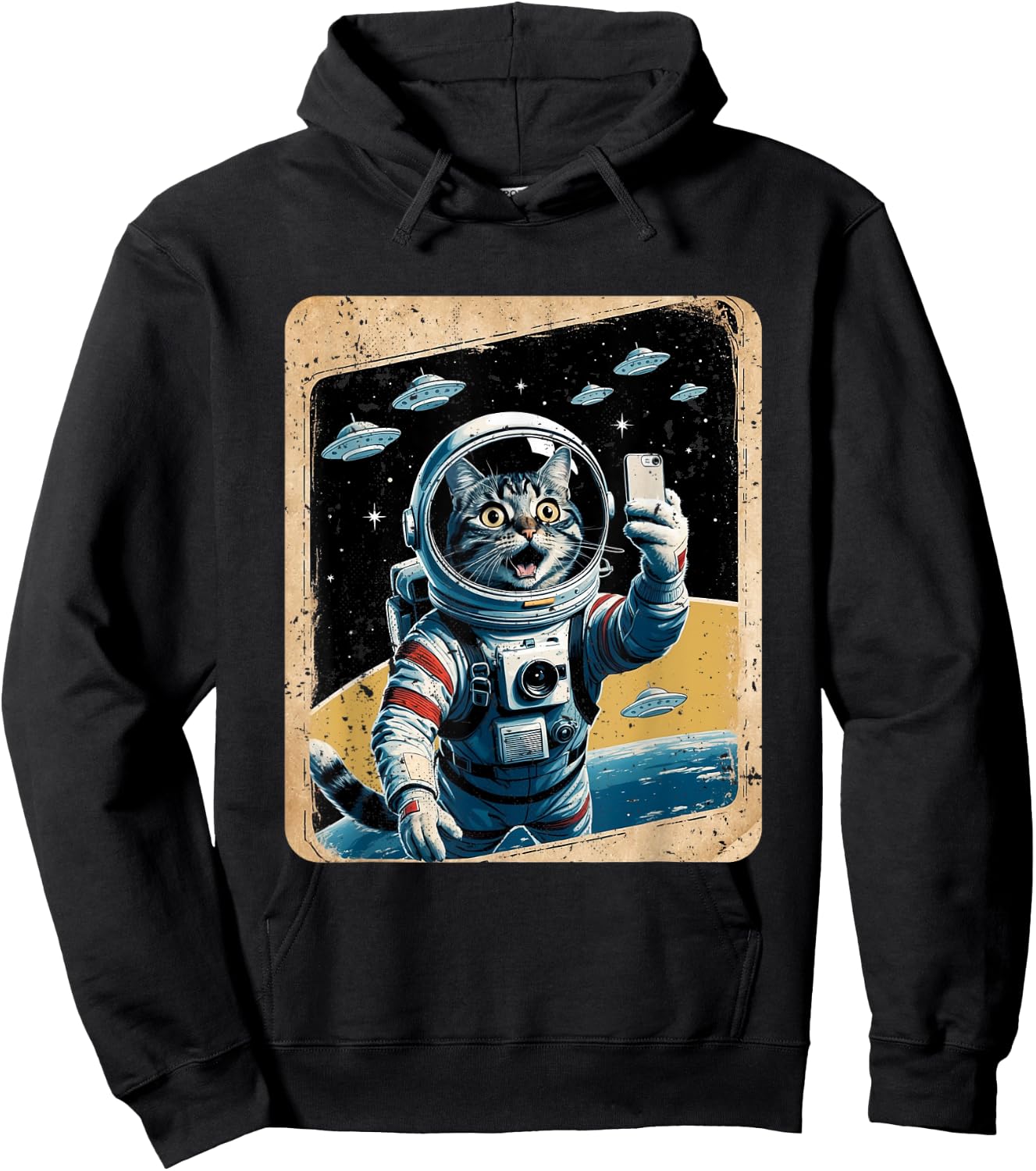 Space Cat Astronaut UFO Funny Sci-fi Alien Selfie Hoodie - Hoodie | Black