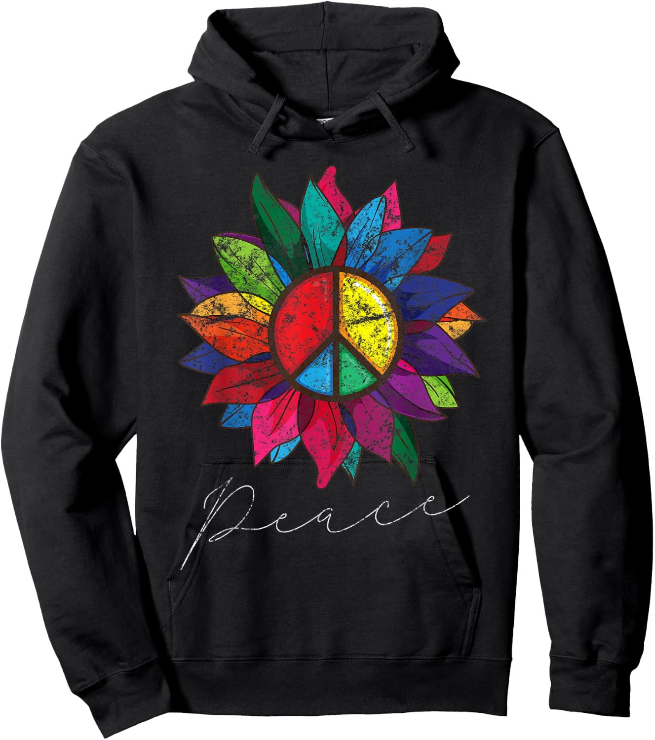 Sunflower Flower Distressed Rainbow Peace Sign 70s Hoodie - Hoodie | Black