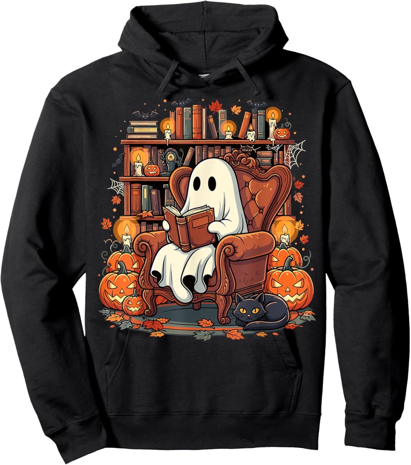 Halloween Ghost Reading Books Pumpkin Black Cat Library Hoodie - Hoodie | Black