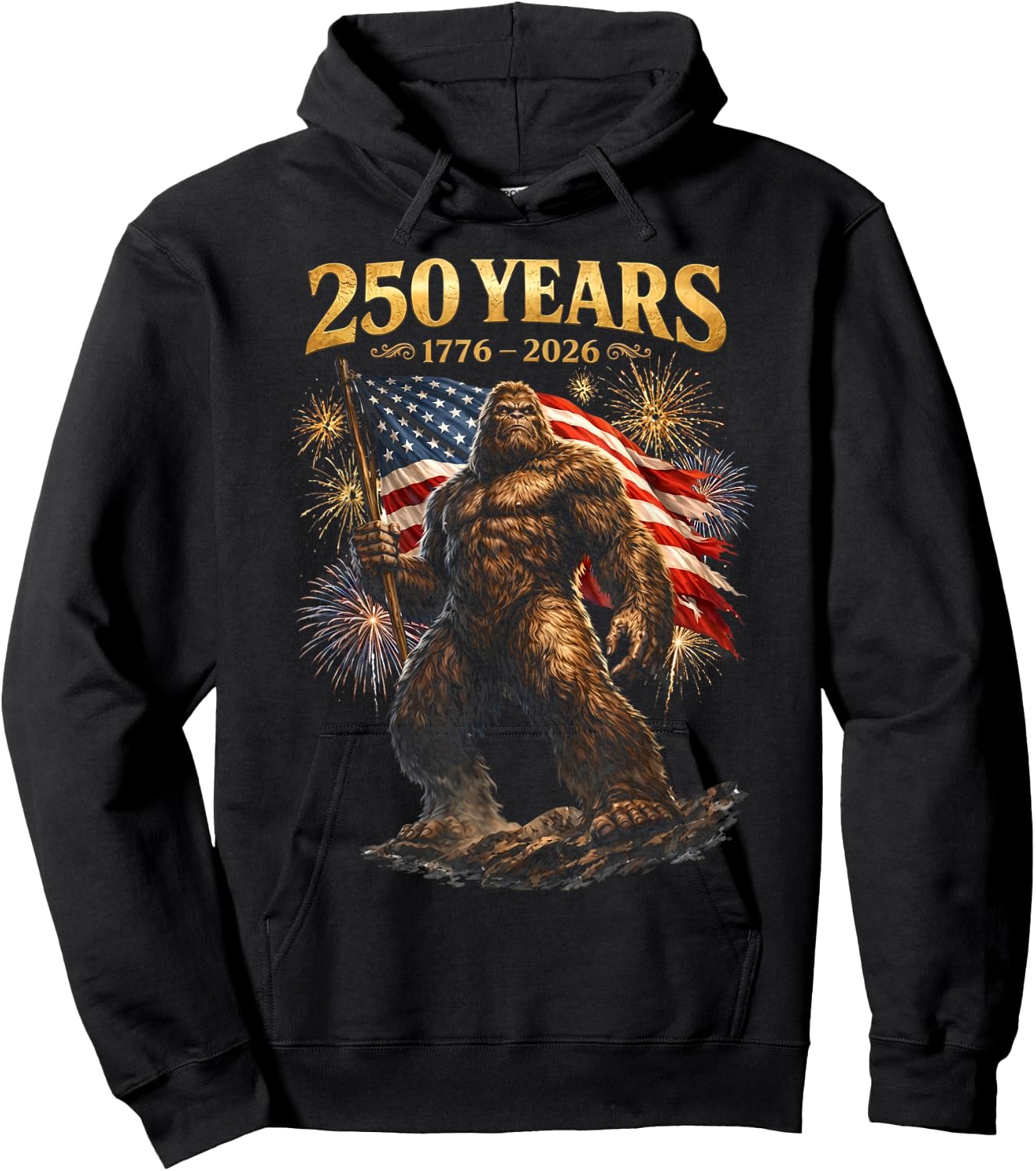 250 Years of America Bigfoot Patriotic USA American Flag Hoodie - Hoodie | Black