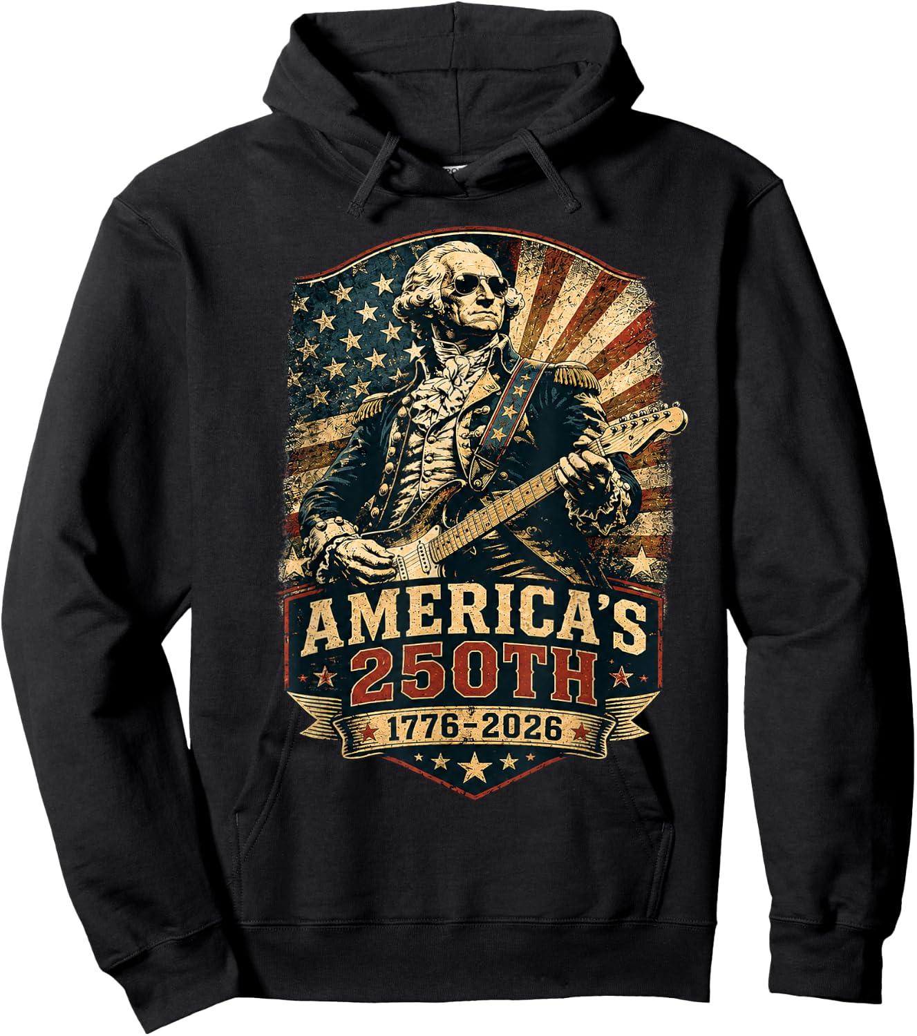 250th Anniversary America George Washington Playing Guitar Hoodie - Hoodie | Black