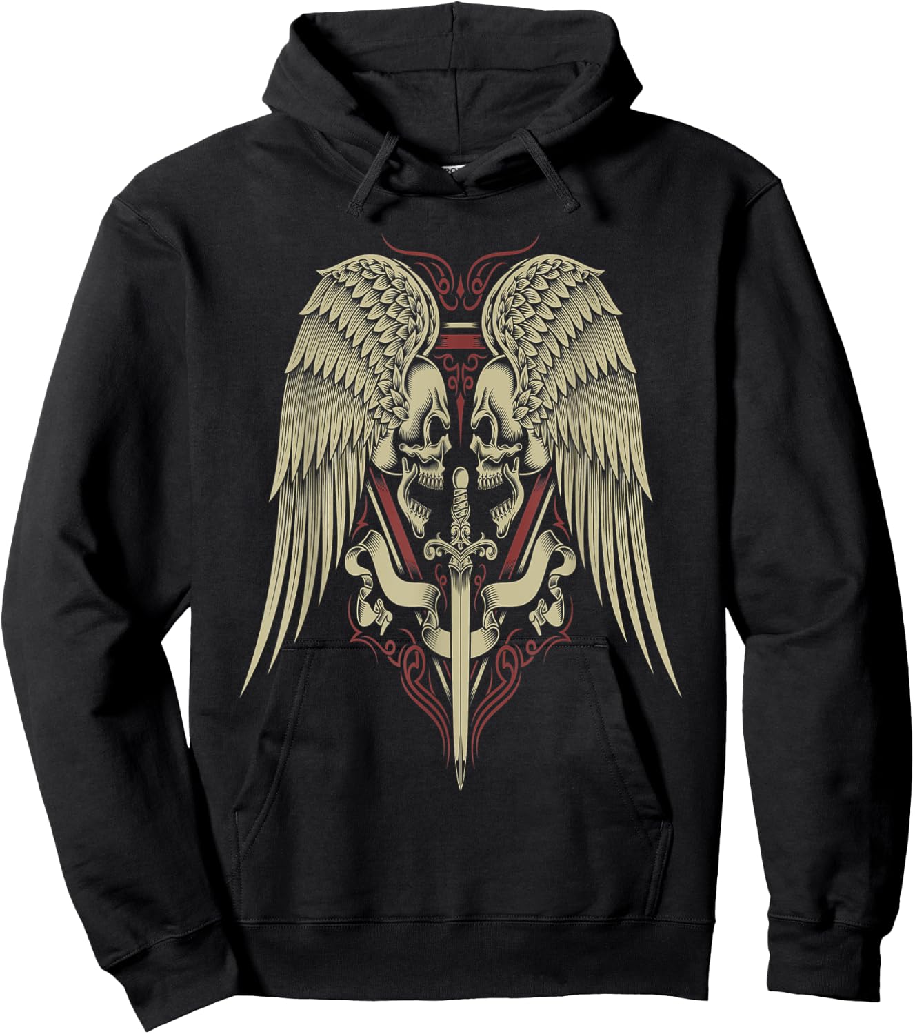 Skull Motorcycle Biker Medieval Sword Angel Wings Goth Hoodie - Hoodie | Black