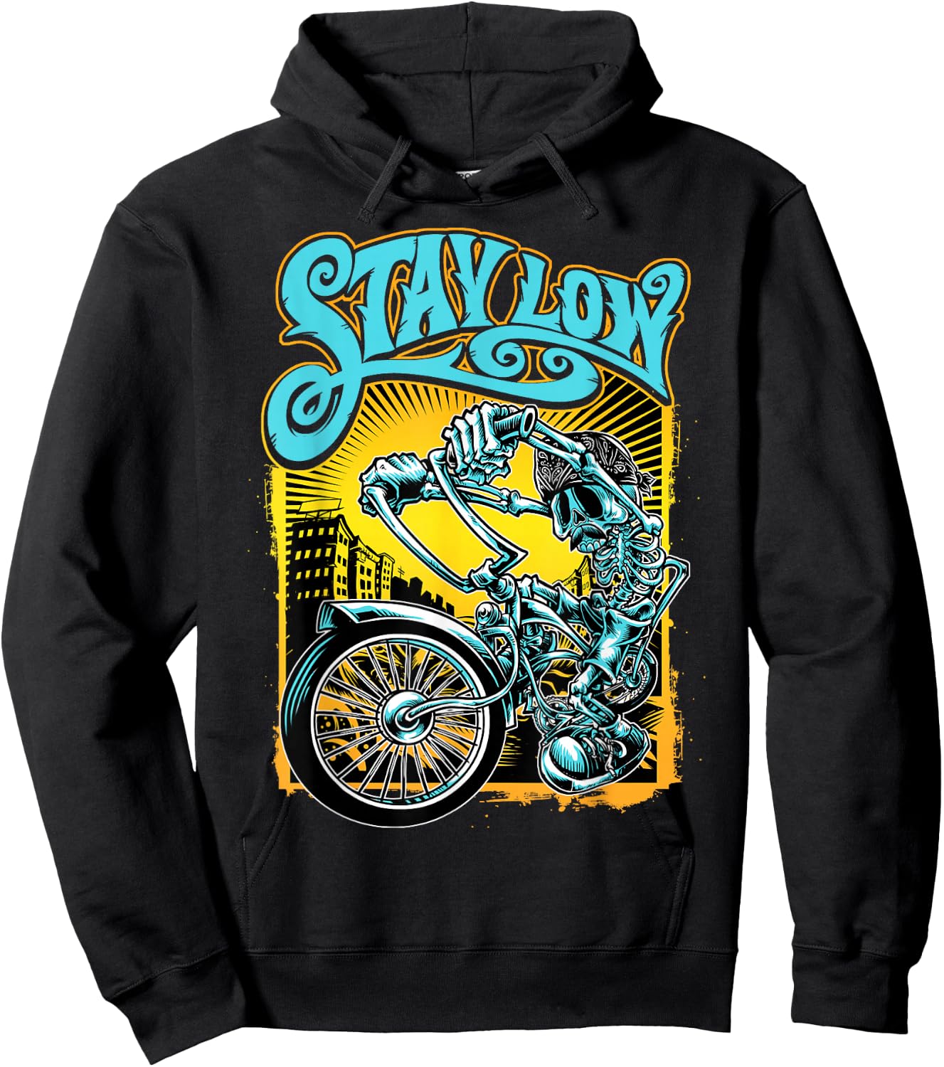 Stay Low Biker Shirt, Latino Skeleton Chopper , Cycle Hoodie - Hoodie | Black