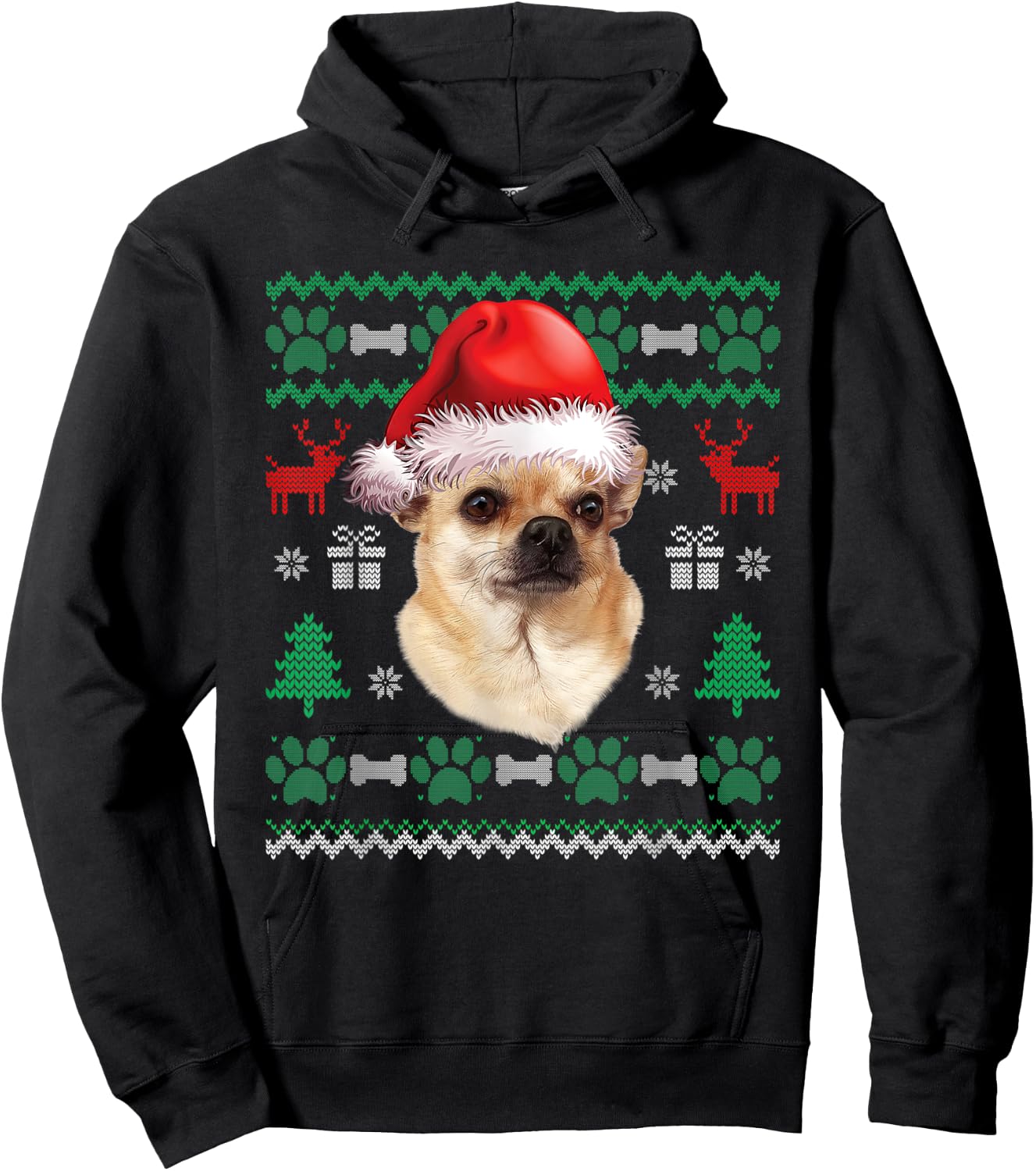 Chihuahua Santa Hat Christmas Ugly Sweater Pajama Hoodie - Hoodie | Black