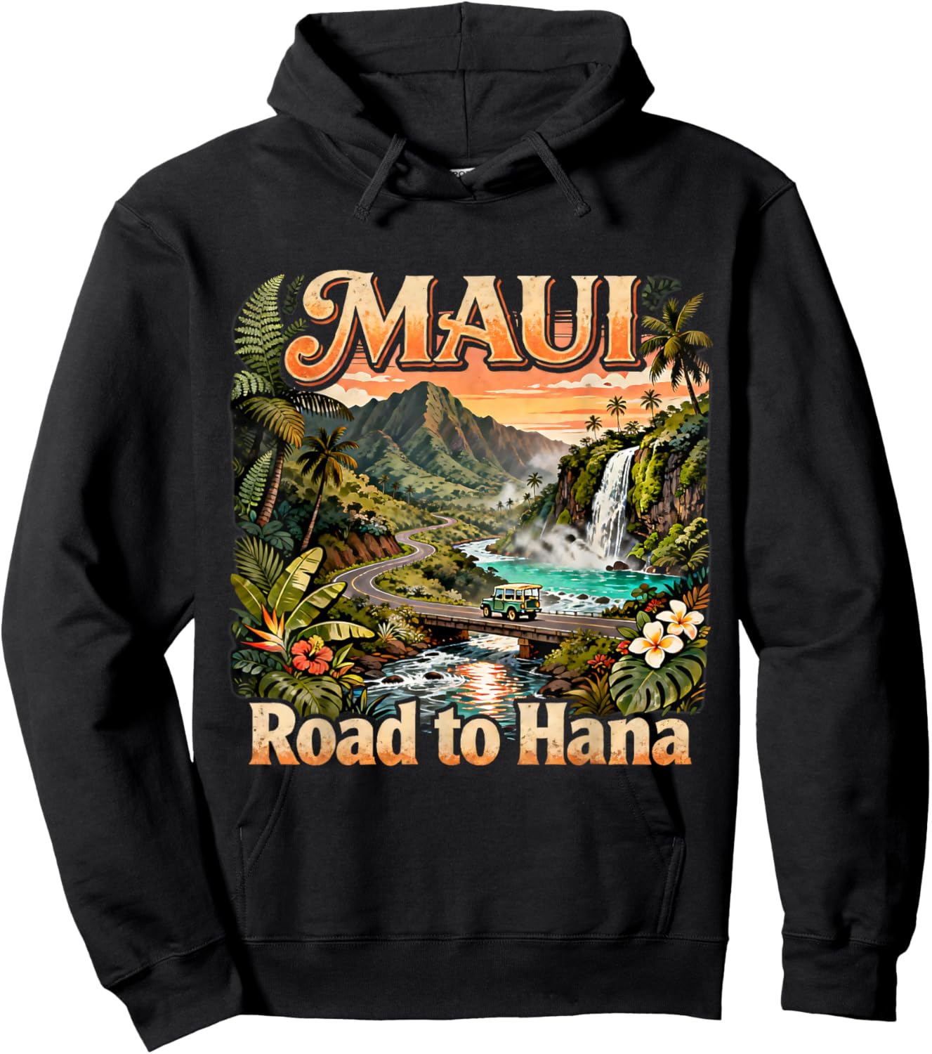 Vintage Maui Road to Hana Waterfall Tropical Summer Souvenir Hoodie - Hoodie | Black