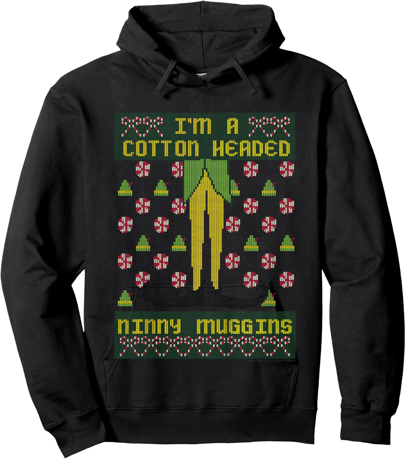 Kids Elf Buddy Cotton Headed Ninny Muggins Holiday Pattern Hoodie - Hoodie | Black