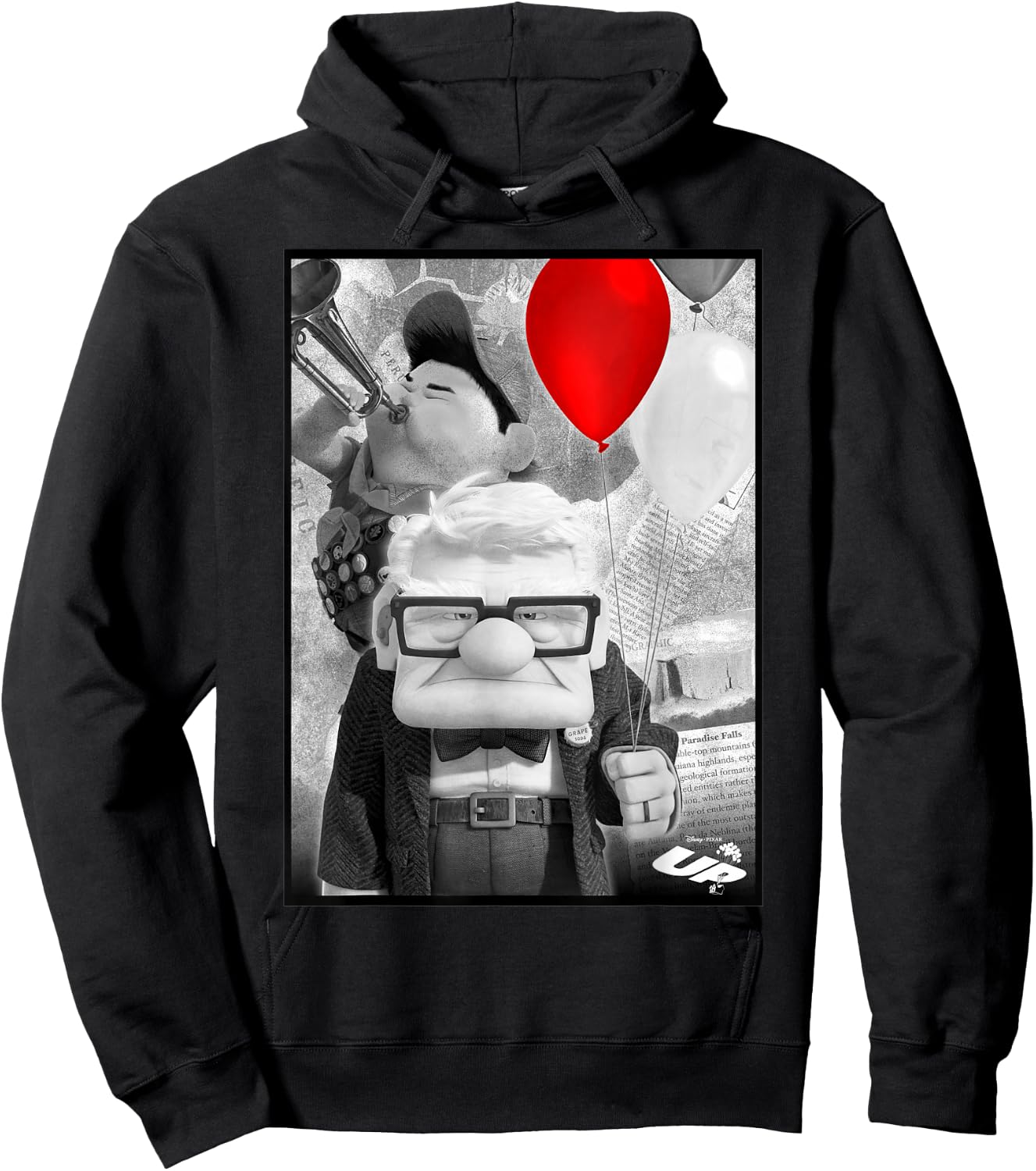 Disney Pixar Up Carl & Russell Vintage Retro Trumpet Picture Hoodie - Hoodie | Black
