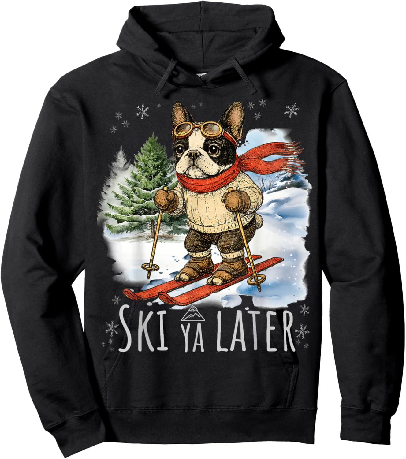 Boston Terrier Ski Bostie Snow Skiing Winter Spring Break Hoodie - Hoodie | Black