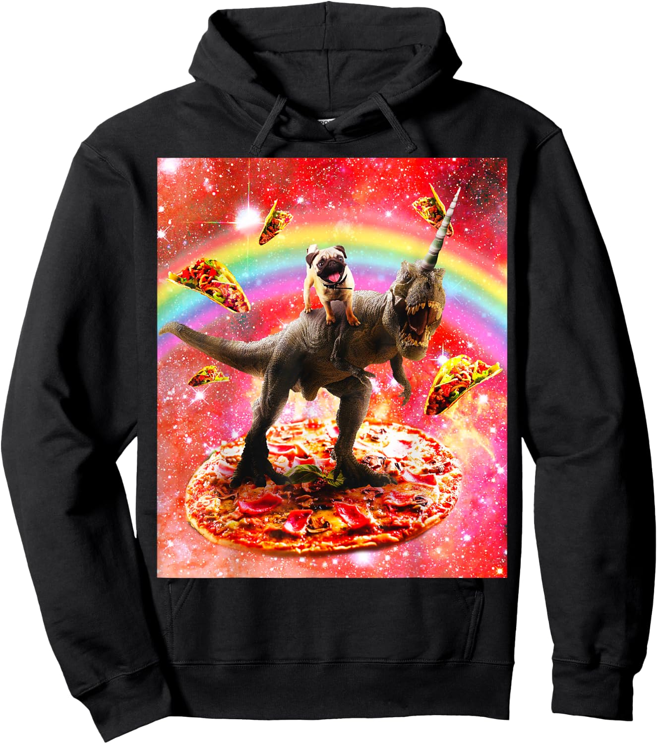 Space Pug Riding Dinosaur Unicorn - Pizza & Taco Hoodie - Hoodie | Black
