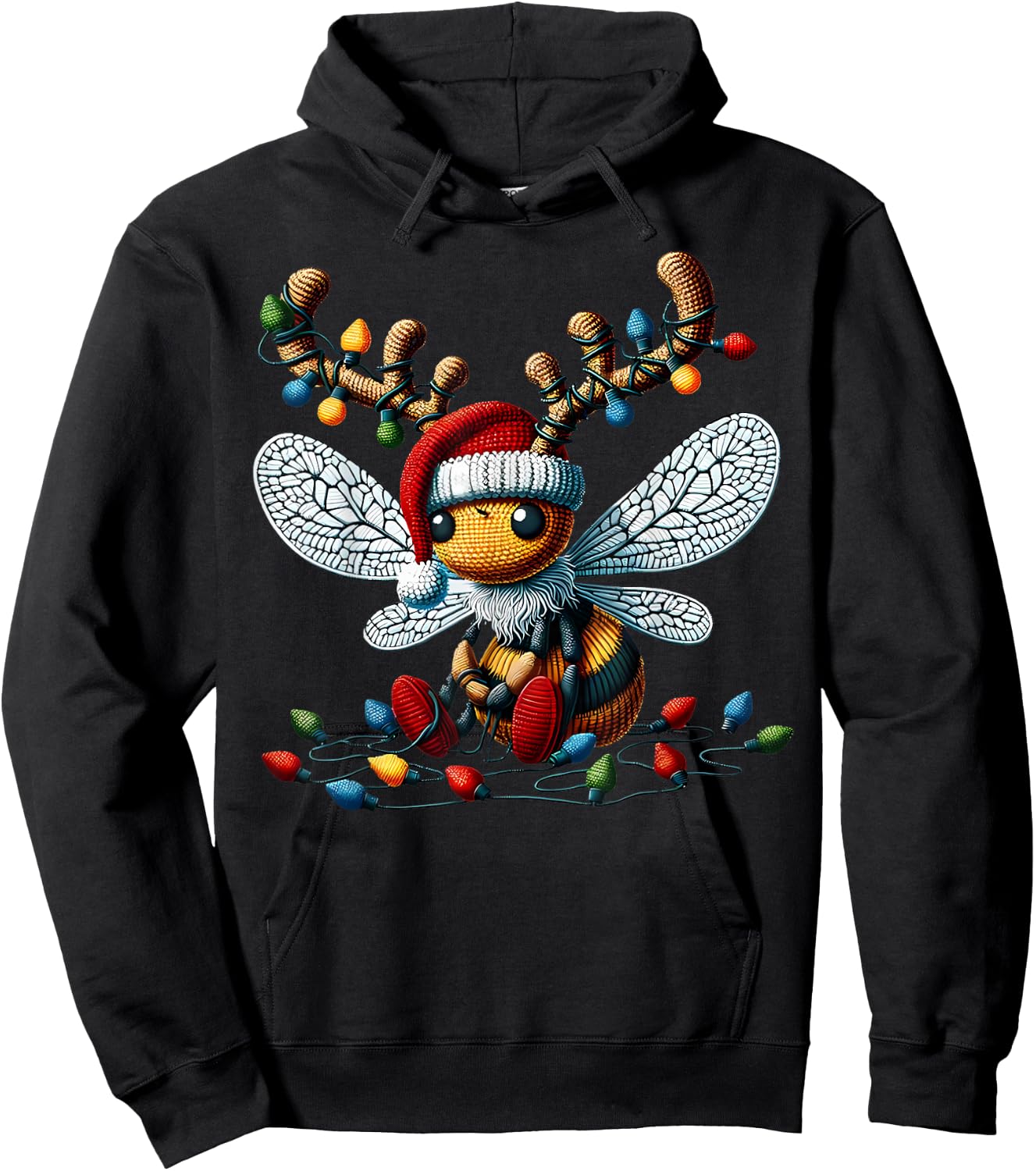 Cute Crochet Bee Christmas Light Santa Hat Reindeer Bee Hoodie - Hoodie | Black